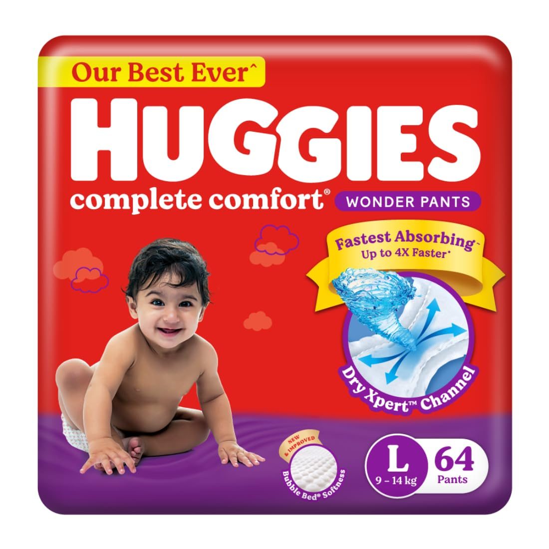 Huggies Complete Comfort Wonder Pants | Pant Style Baby Diapers L Size, 64 Count | India’s Fastest Absorbing Diaper, Patented Dry Xpert Channel, Ideal for 9 to 14 Kgs