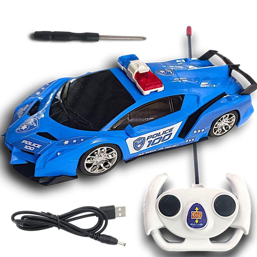 Big Police Remote Control Car Toy with Realistic Design, Siren Sound, and High-Speed Action with Premium Looks Rechargeable with USB Cable – Multicolour (Blue)
