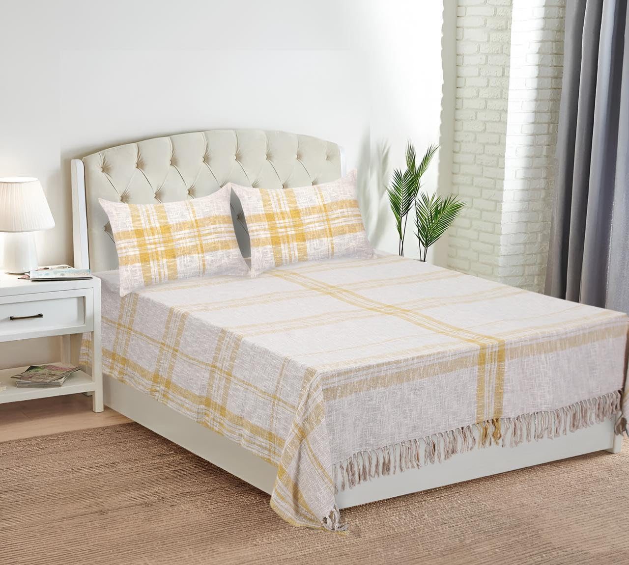 TRISHIV Textiles Handloom-Based Handmade Bedcover – Cotton Bedding for King Size Bed – Natural/Yellow, 100×106 Inch