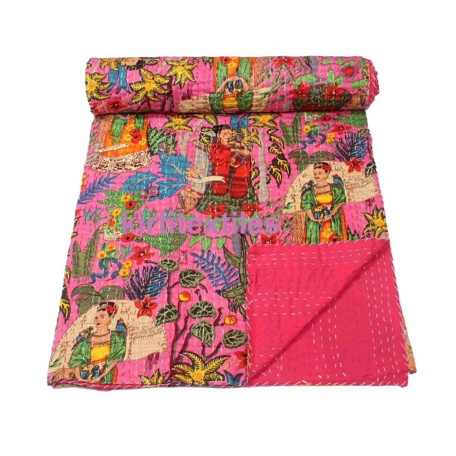 BOHEKANT Handicraft Hand Made Cotton Patch Work Indian Kantha Quilt Bed Spread Blanket Queen Size Coverlet – Multicolor 06 (Size 90 X 108)