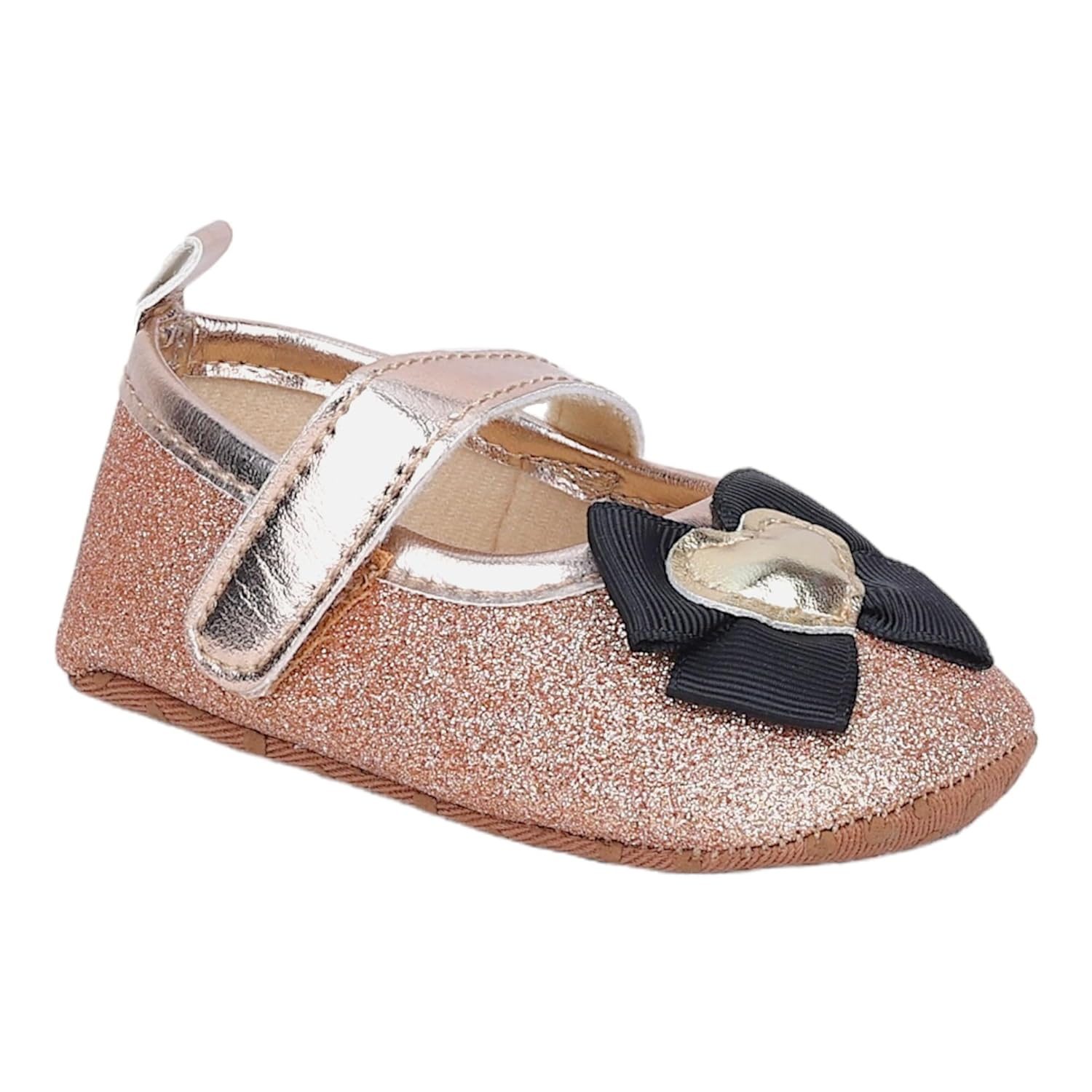 BabyMoo Booties for Baby Girls-Infants-Toddlers Golden Heart On Bow Glittery Antiskid Ballerina Booties Gold- Age 0-6 Months