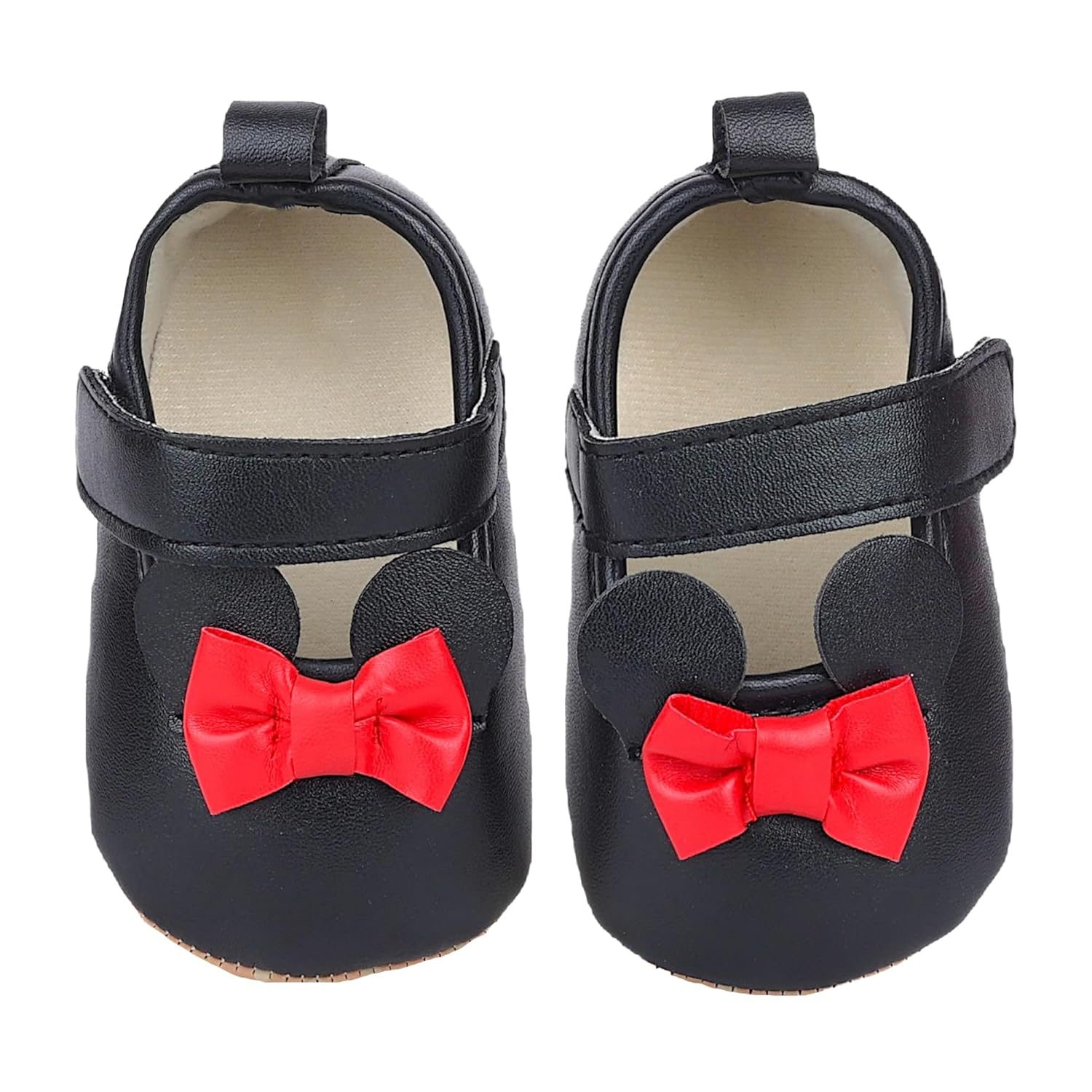 BabyMoo Booties for Baby Girls-Infants-Toddlers Mini Mouse Bow Velcro Strap Antiskid Ballerina Booties Black- Age 6-9 Months