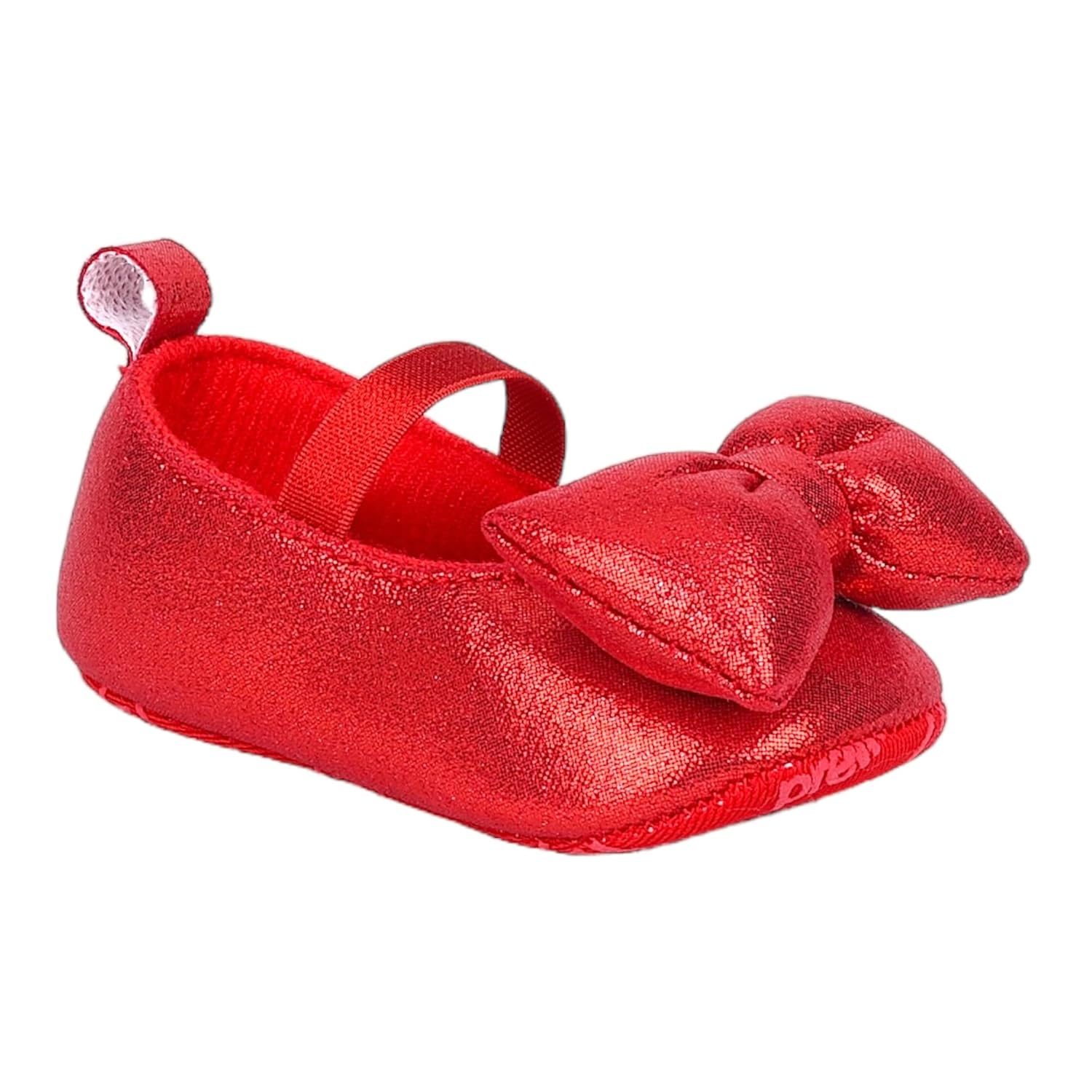 BabyMoo Booties for Baby Girls-Infants-Toddlers Shiny Bow Elastic Strap Antiskid Ballerina Booties Red- Age 9-15 Months