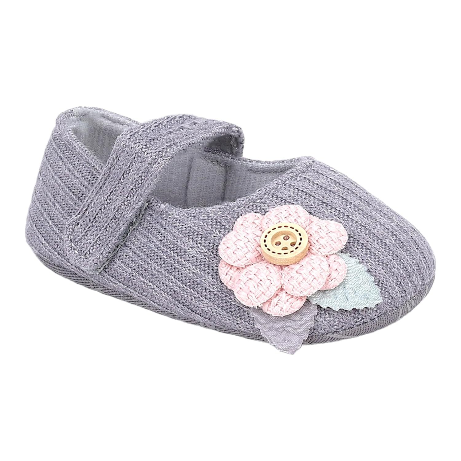 BabyMoo Booties for Baby Girls-Infants-Toddlers 3D Flower Button Velcro Strap Antiskid Ballerina Booties Grey- Age 0-6 Months