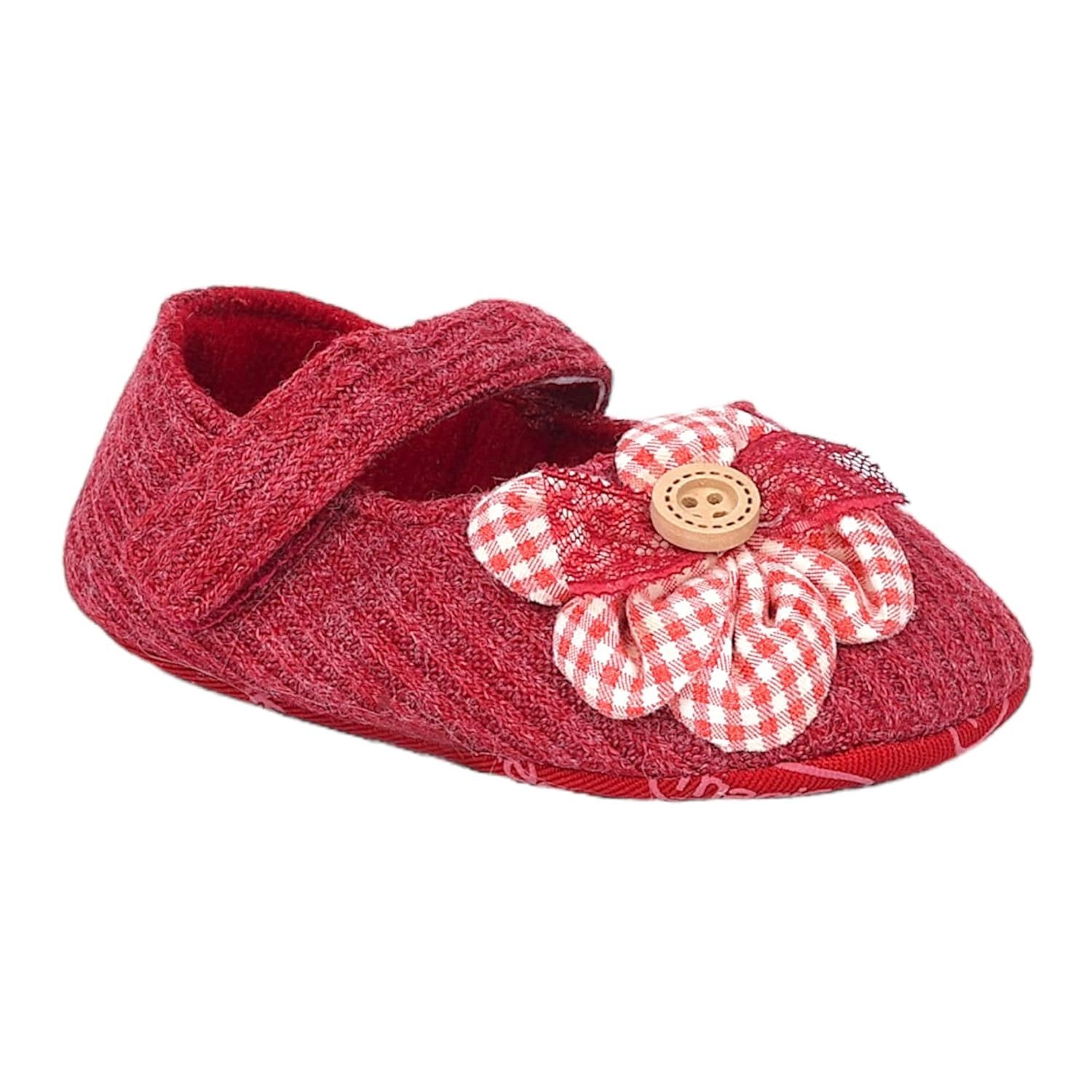 BabyMoo Booties for Baby Girls-Infants-Toddlers Flower Button Velcro Strap Ribbed Antiskid Ballerina Booties Red- Age 0-6 Months