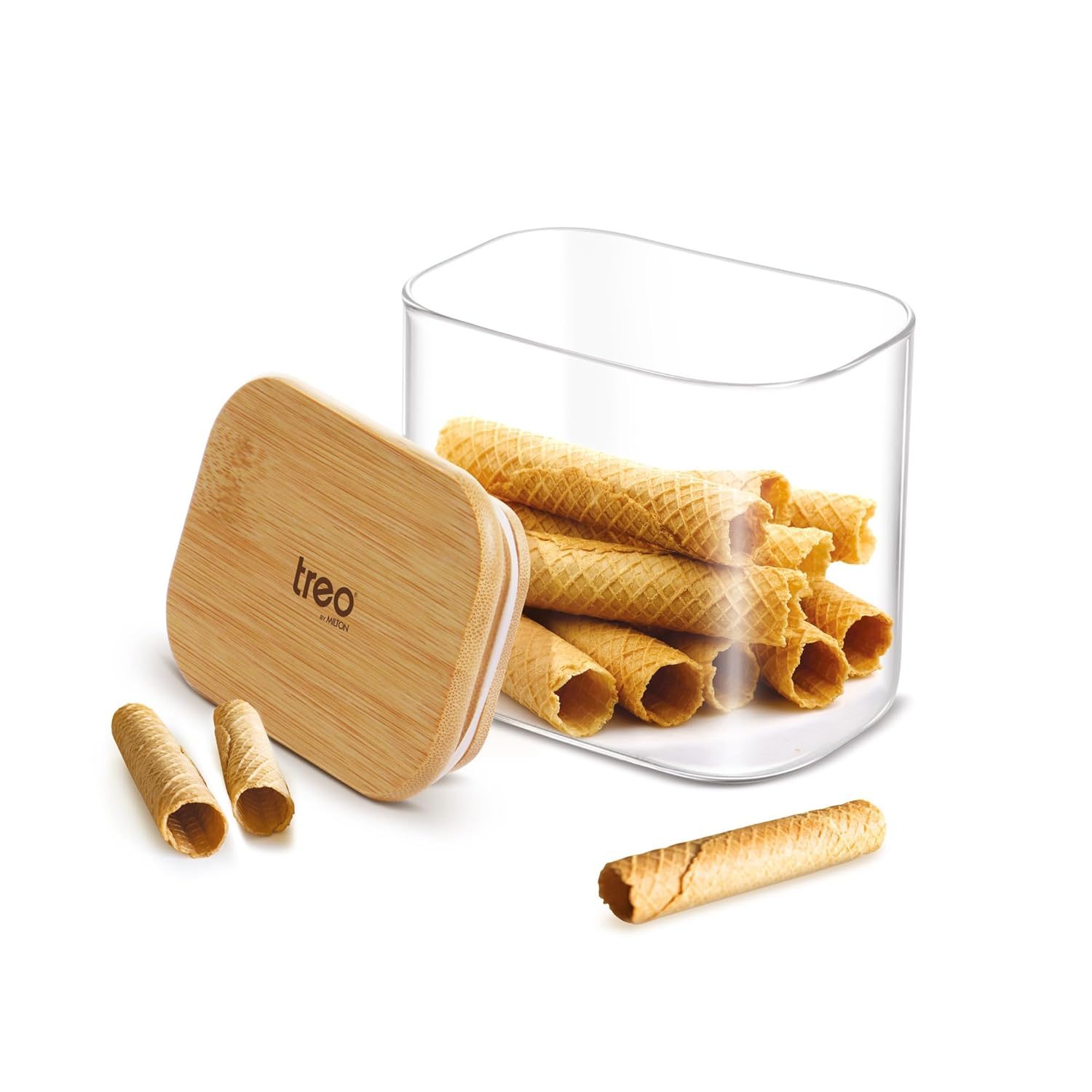 Treo By Milton Recto Kitchen Storage Jar with Airtight Wooden Lid, 800ml, Borosilicate Glass Container, Transparent, Microwave & Refrigerator Safe Canister for Coffee, Tea, Sugar, Spice, Cookies