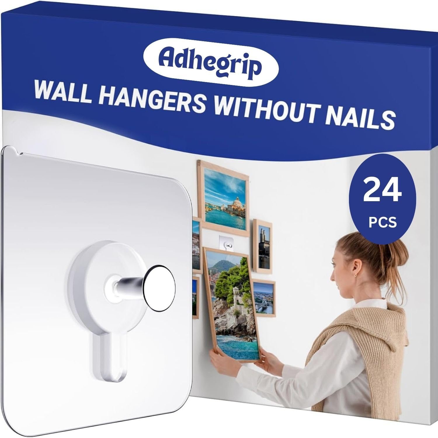 24 Pack Wall Hooks for Photo Frames, Adhesive Wall Hook, Hooks for Wall Heavy Items, Wall Hanger Hook, Nail Hook for Wall Hanging Without Drill, Wall Nails for Hanging Frame Sticker no Drilling