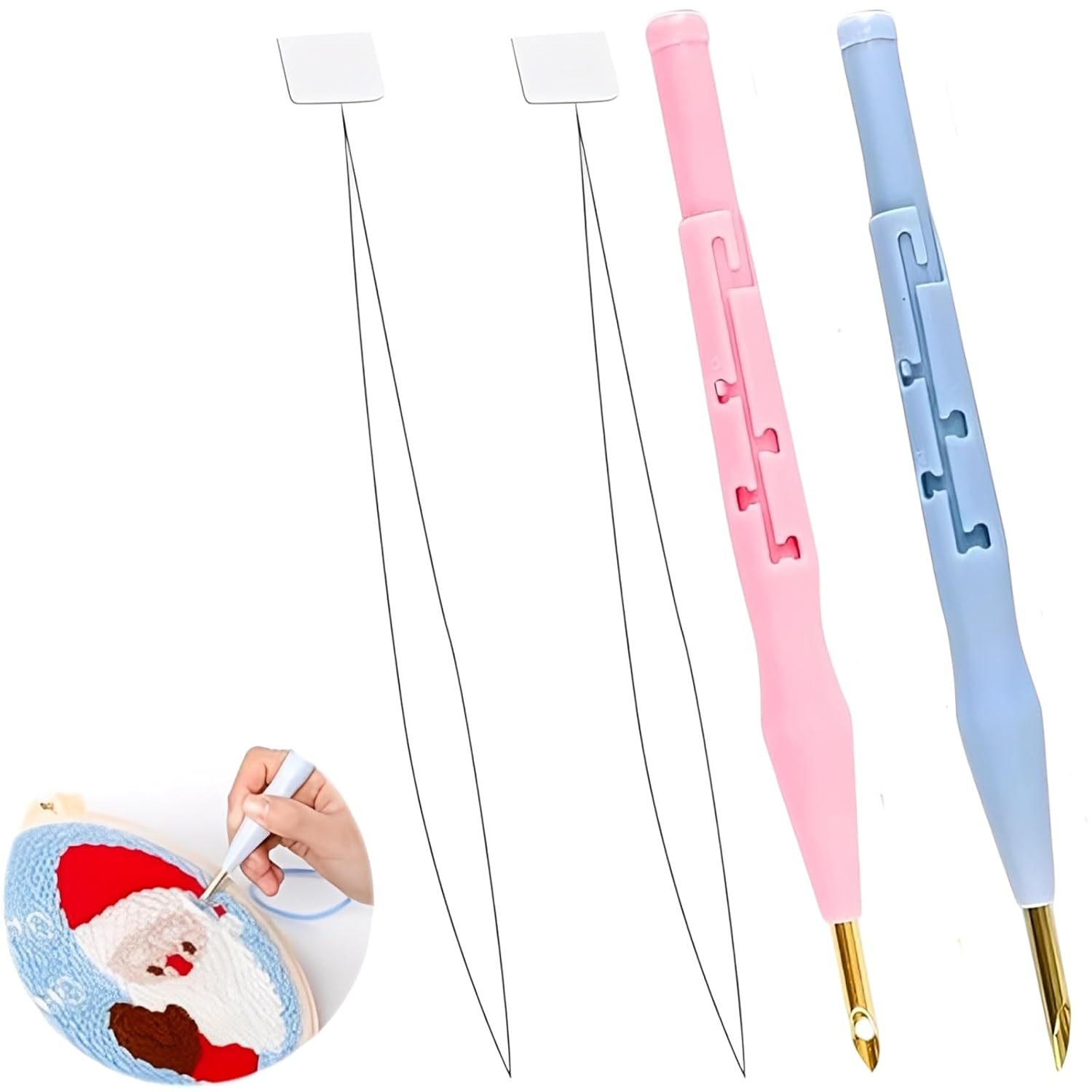 2PCS Punch Needle Set for Embroidery, Adjustable Punch Needle Pens with Blue and Pink Handles, DIY Embroidery Kit for Beginners, Needle Threader Tool for Embroidery Hoop Ring Projects