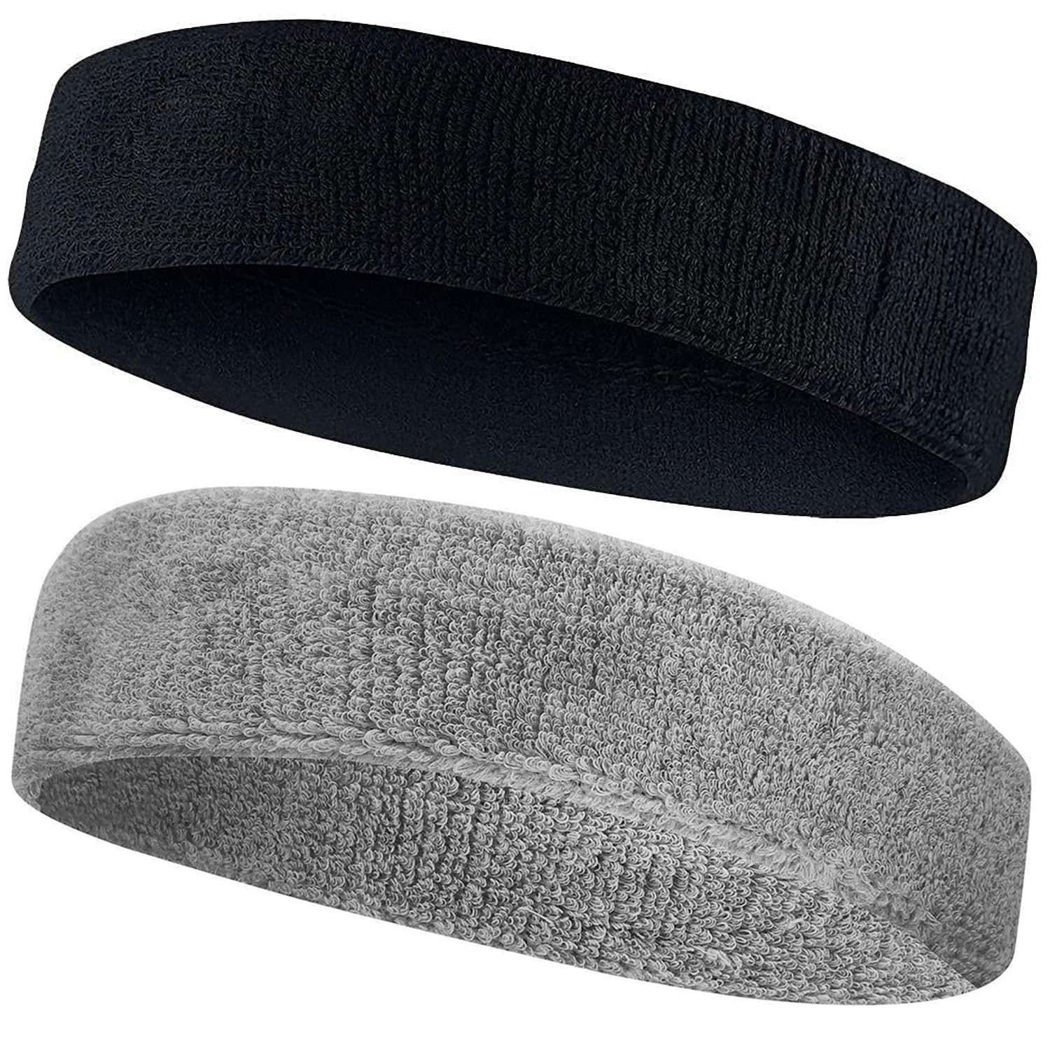 AMIFIT Sport Headband for Men and Women – Sports Headband for Workout & Running, Breathable, Non-Slip Sweat Head Bands for Long Hair, Pack of 2 (Black & Grey)