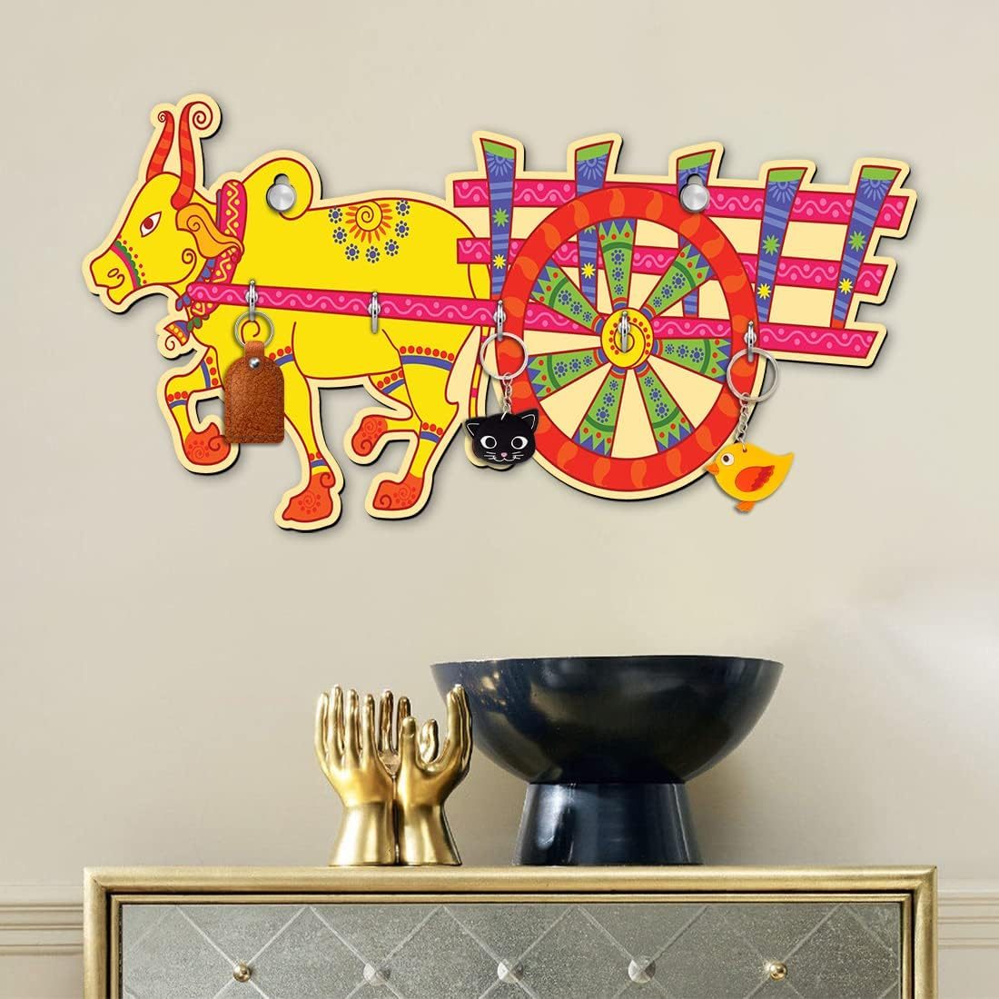 APS ART PLUS STORE Beautiful UV Designer Bail Gadi Key Holder for Wall Decor, 5 Stainless Steel Hooks Key Stand for Living Room