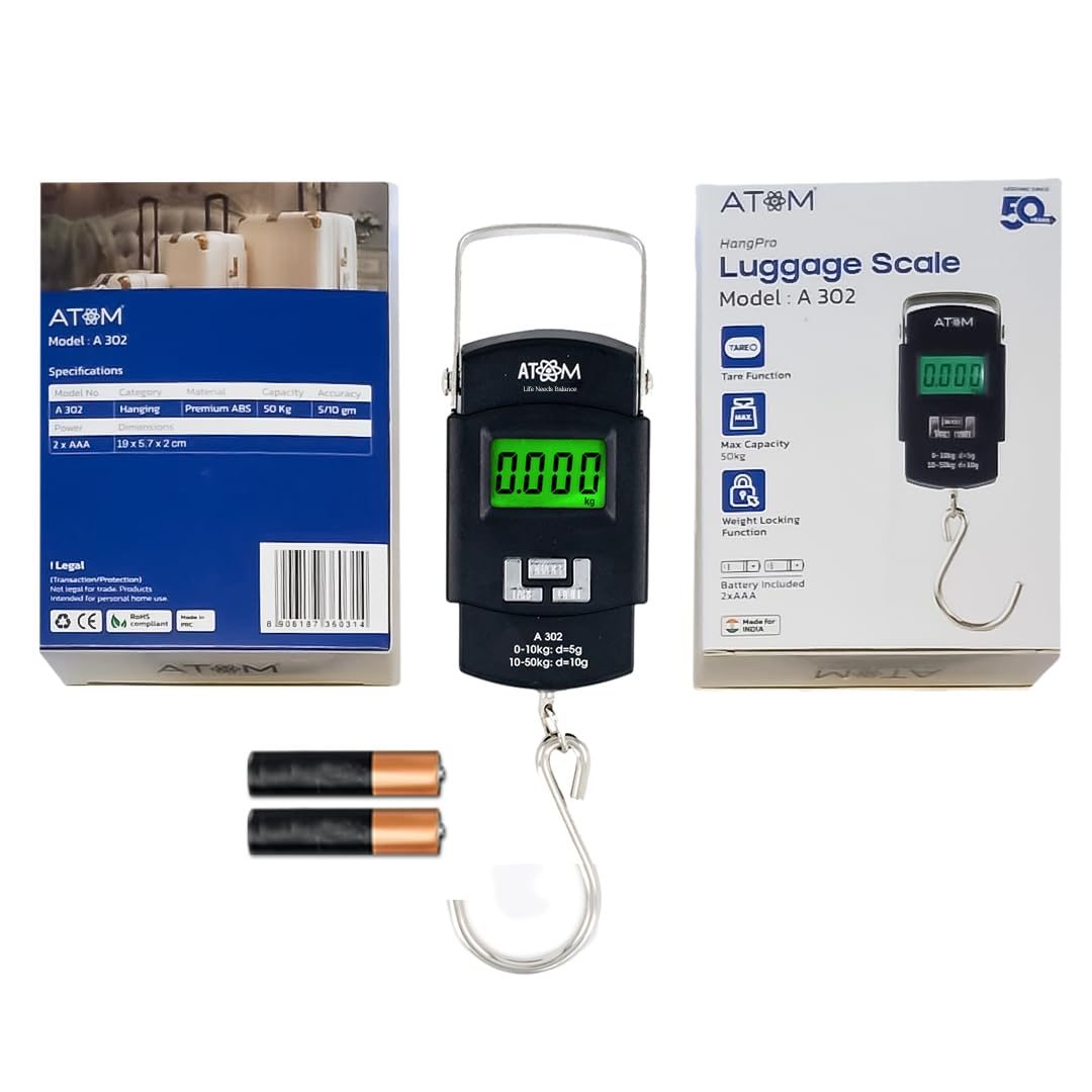 ATOM A 302 Electronic Digital Hanging Stainless Steel Hook Luggage Portable Scale with LCD Display for Industrial Fishing Factory Use Capacity 50Kg
