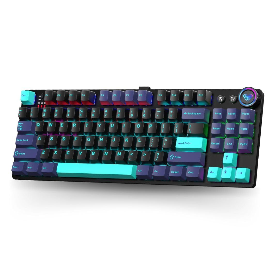 AULA M75 Tri-Mode (2.4G/Bluetooth/Wired) Hot Swappable RGB Backlit Wired Mechanical Gaming Keyboard | All Key Anti-Ghosting | Dual Mode Knob with Multimedia Buttons | Blue+Black+Green
