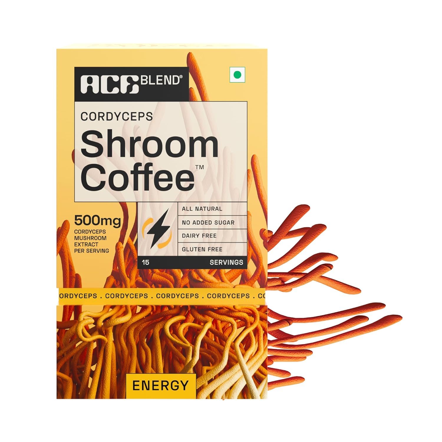 Ace Blend Cordyceps Shroom Coffee Sachet |15 Serves|Mushroom Coffee|Ksm 66 Ashwagandha|L-theanine|Mct|Immunity|Energy|100% Arabica|Instant Black Coffee|Fasting Friendly|Cold/Hot Brew 1count