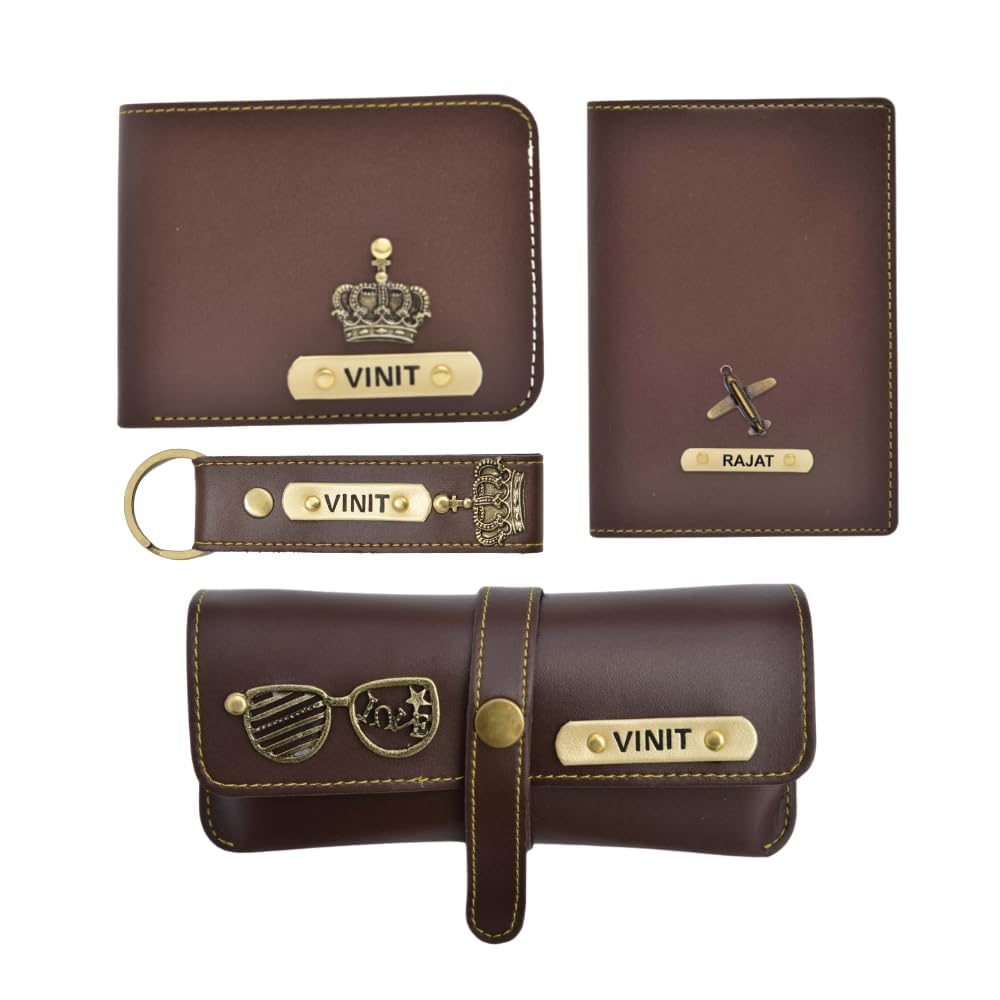 Ahimsa Leather Personalized Birthday Gift for Men with Men’s Wallet, Keychain, Sunglasses Case and Passport Cover, Customized Men Gift Idea for Brother, Husband, Father, Boyfriend for All Men – Brown