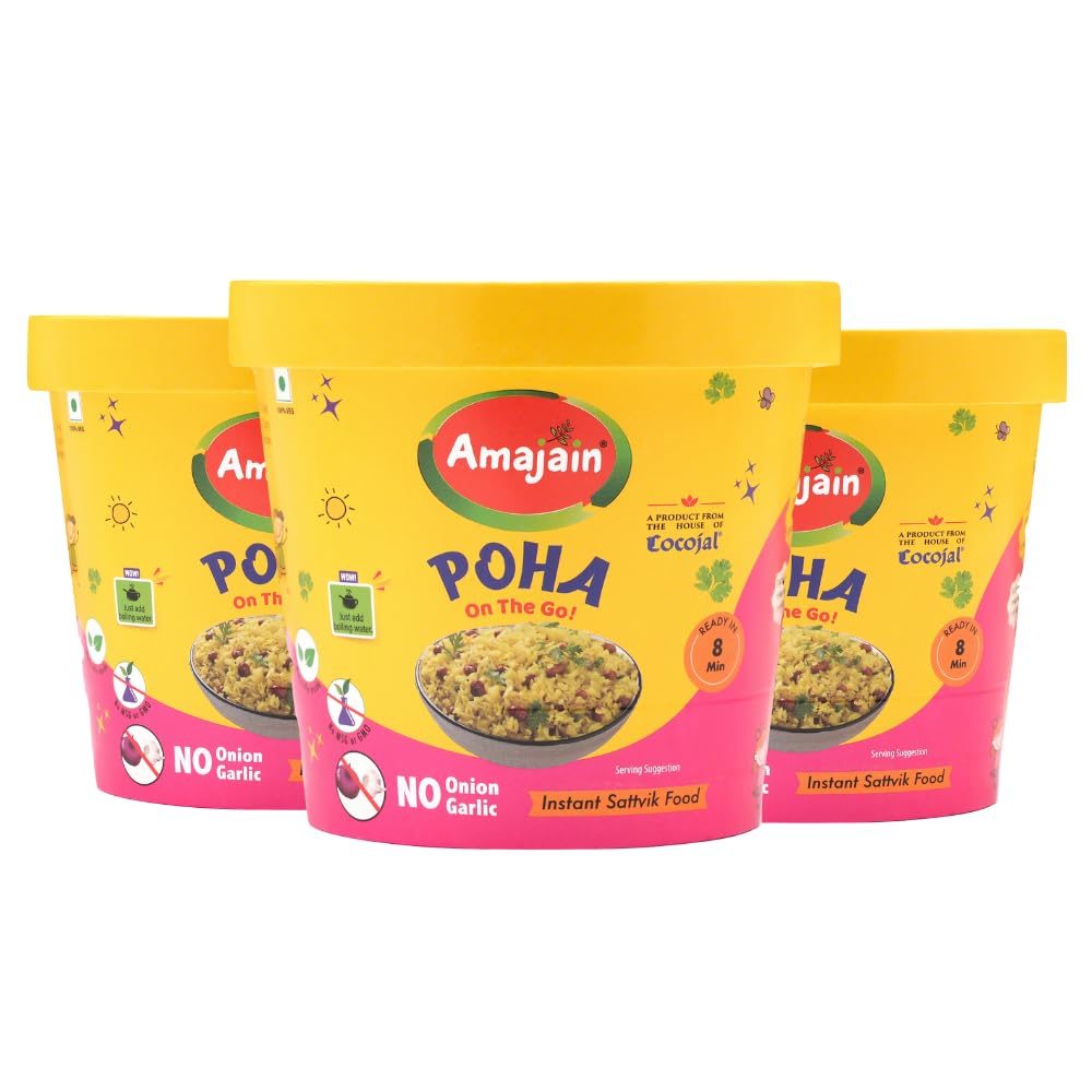 Amajain Instant Sattvik Healthy Poha, Ready-to-Eat, No Added Preservatives, No Added Flavours, Jain-Friendly, 70g (Pack of 3)
