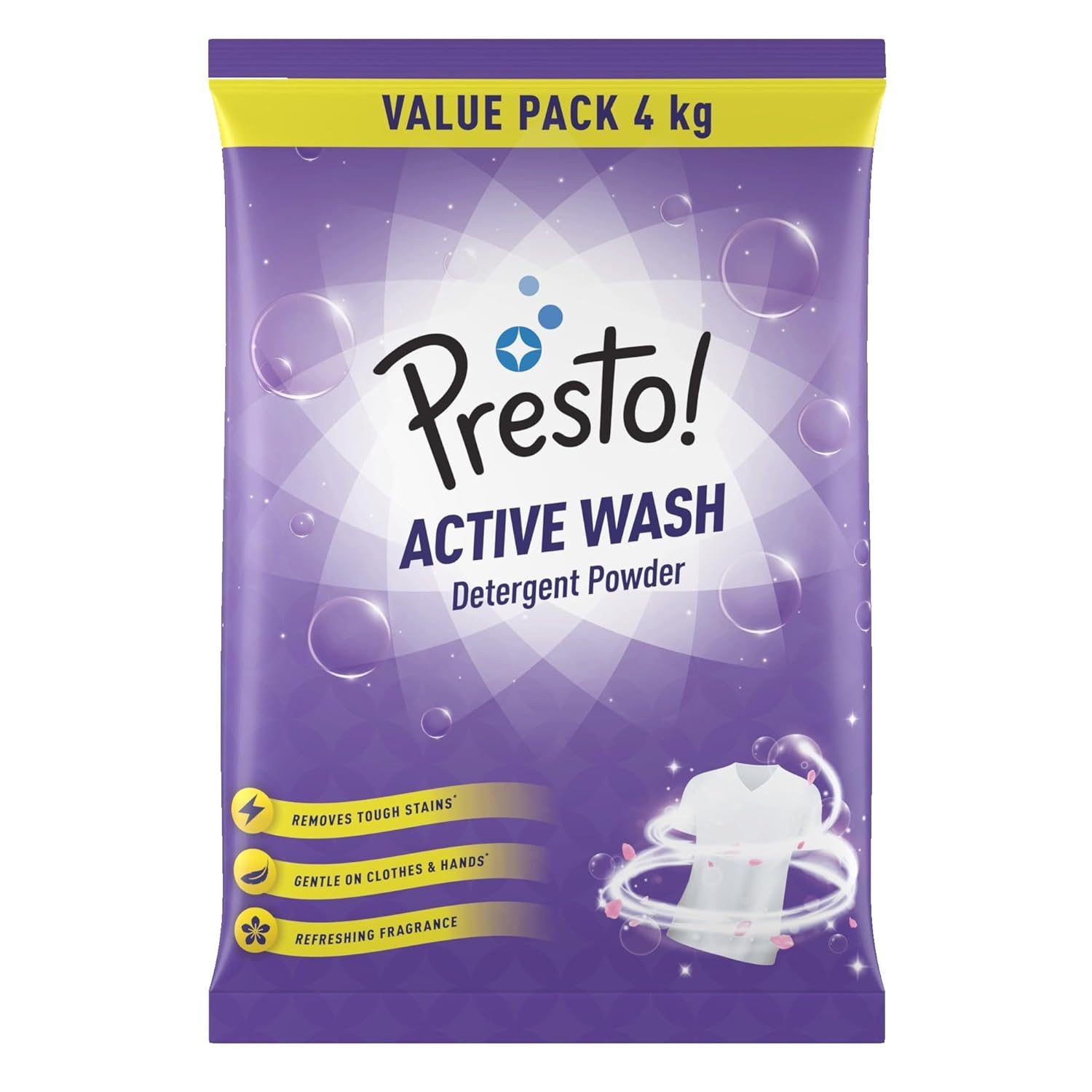 Amazon Brand – Presto! Active Wash Detergent Powder | 4 Kg | Tough On Stains | Gentle On Fabrics | Colour-Safe | Refreshing Fragrance | Machine And Hand Wash