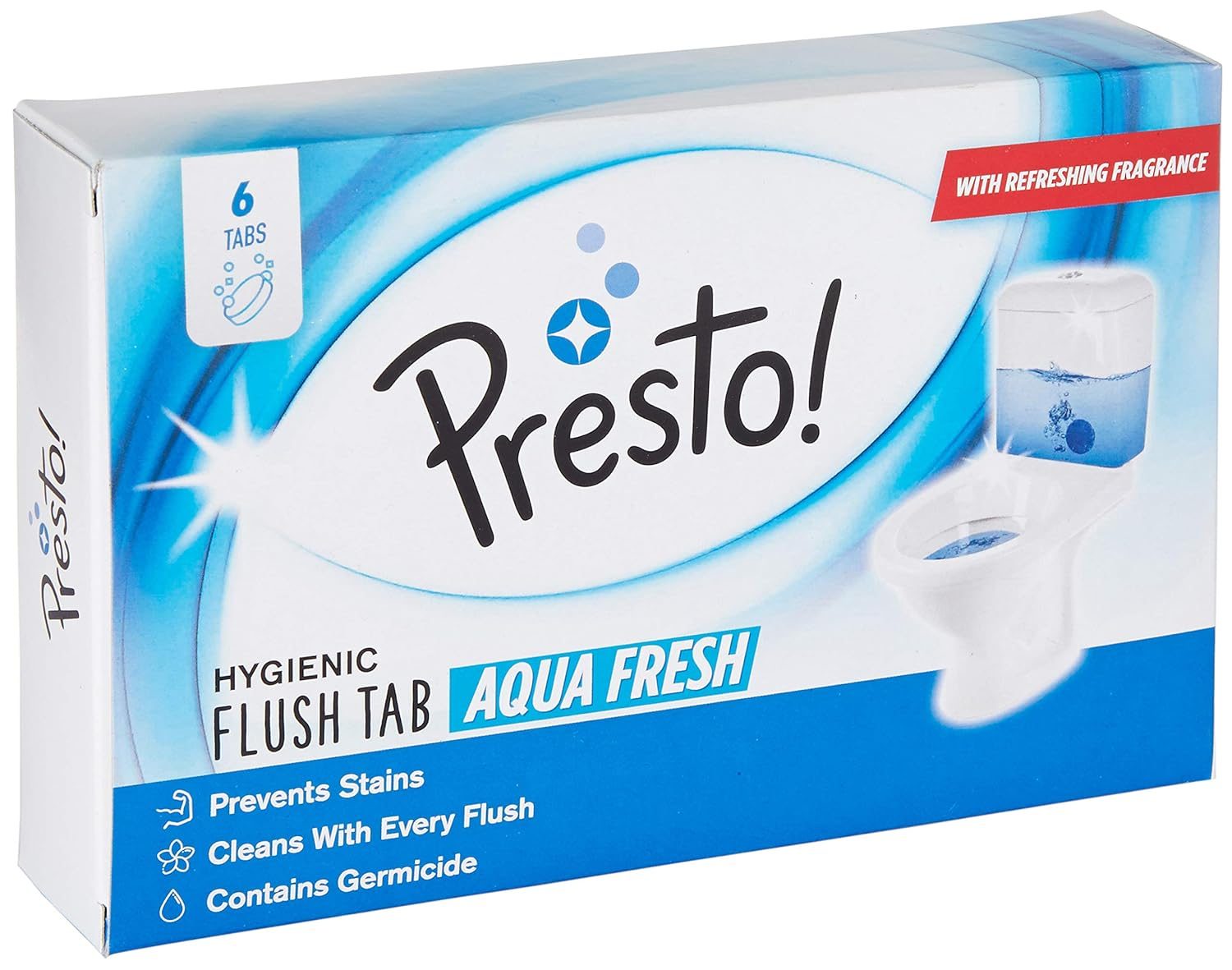 Amazon Brand – Presto! Hygienic Flush Tabs, Aqua Fresh | 300 Gram | 50 Gram X 6 Tabs | Prevents Stains, Removes Limescale | Toilet Flush Tank Balls