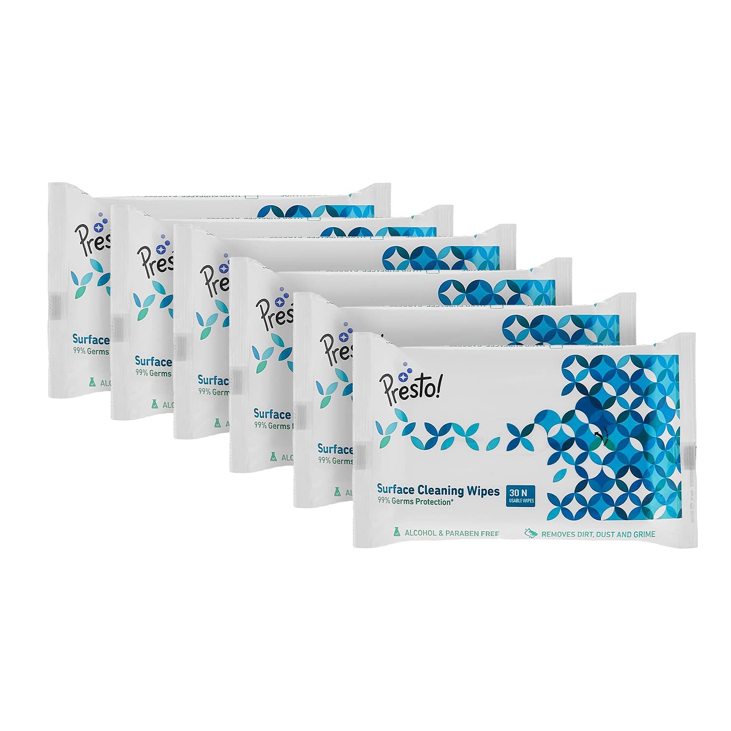Amazon Brand – Presto! Surface Cleaning Wipes | 180 Wet Wipes | 30 Wipes x 6 Packs | 99% Germ-Protection | Resealable | Anti-Bacterial | Alcohol-Free & Paraben-Free