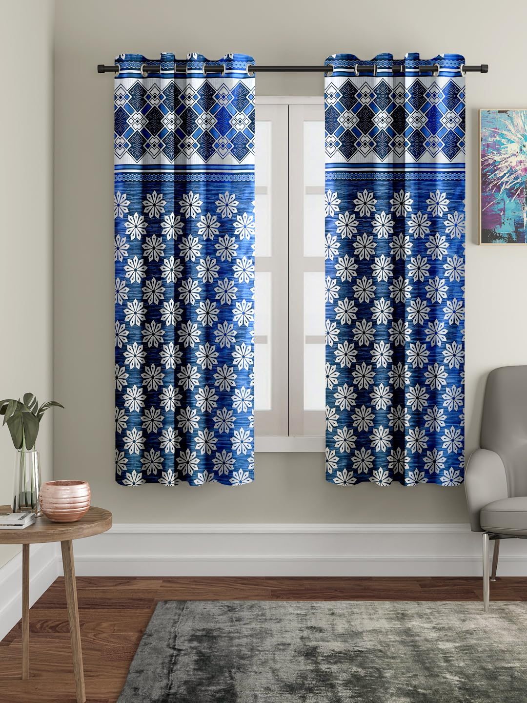 Amazon Brand – Solimo Majestic Mandala Polyester Window Semi Sheer Grommet Curtains (Pack of 2, 5 Feet), Blue