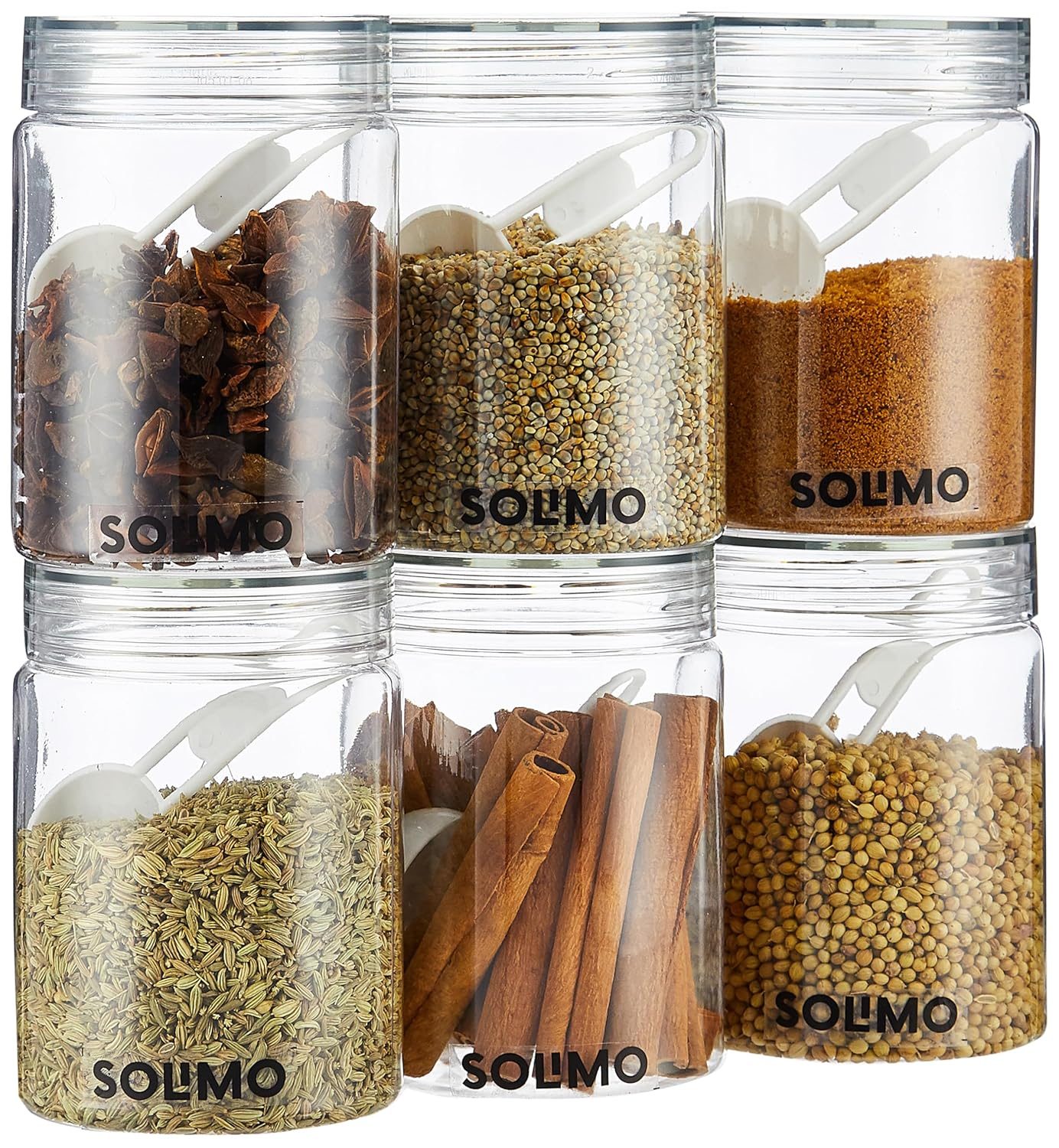 Amazon Brand – Solimo Plastic Storage Jar & Containers Set With Spoon | Air Tight & BPA Free | Kitchen Container Set | Multipurpose Jar | 500 ML Set 6 (Transparent)