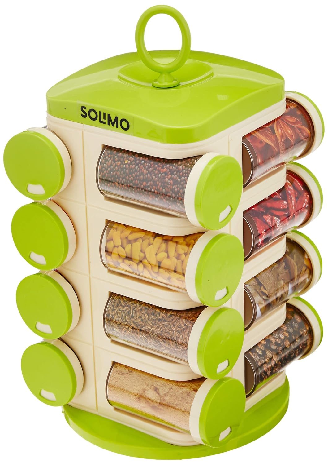 Amazon Brand – Solimo Revolving Spice Rack Set | 16 pieces | Plastic | Tiered Shelf | Tabletop | Green