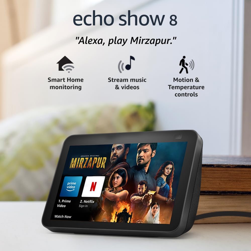 Amazon Echo Show 8 (2nd Gen) – Smart speaker with 8″ HD screen, stereo sound & hands-free entertainment with Alexa (Black)