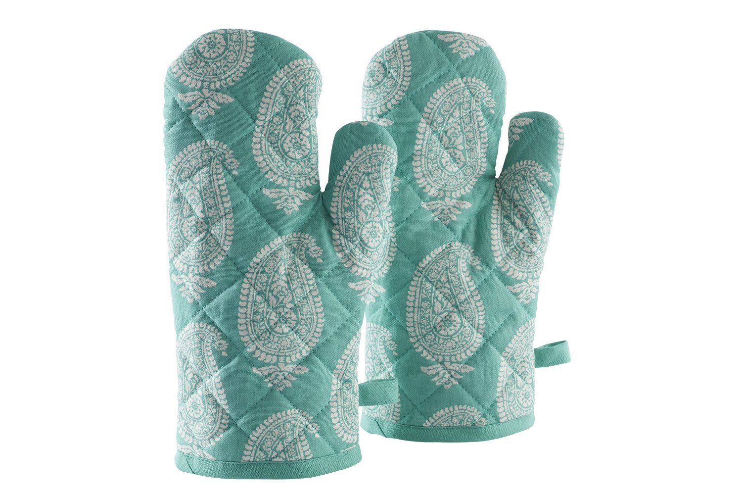 AmazonBrand – Solimo 100% Cotton Padded Oven Gloves Paisley, (Pack of 2, Blue)