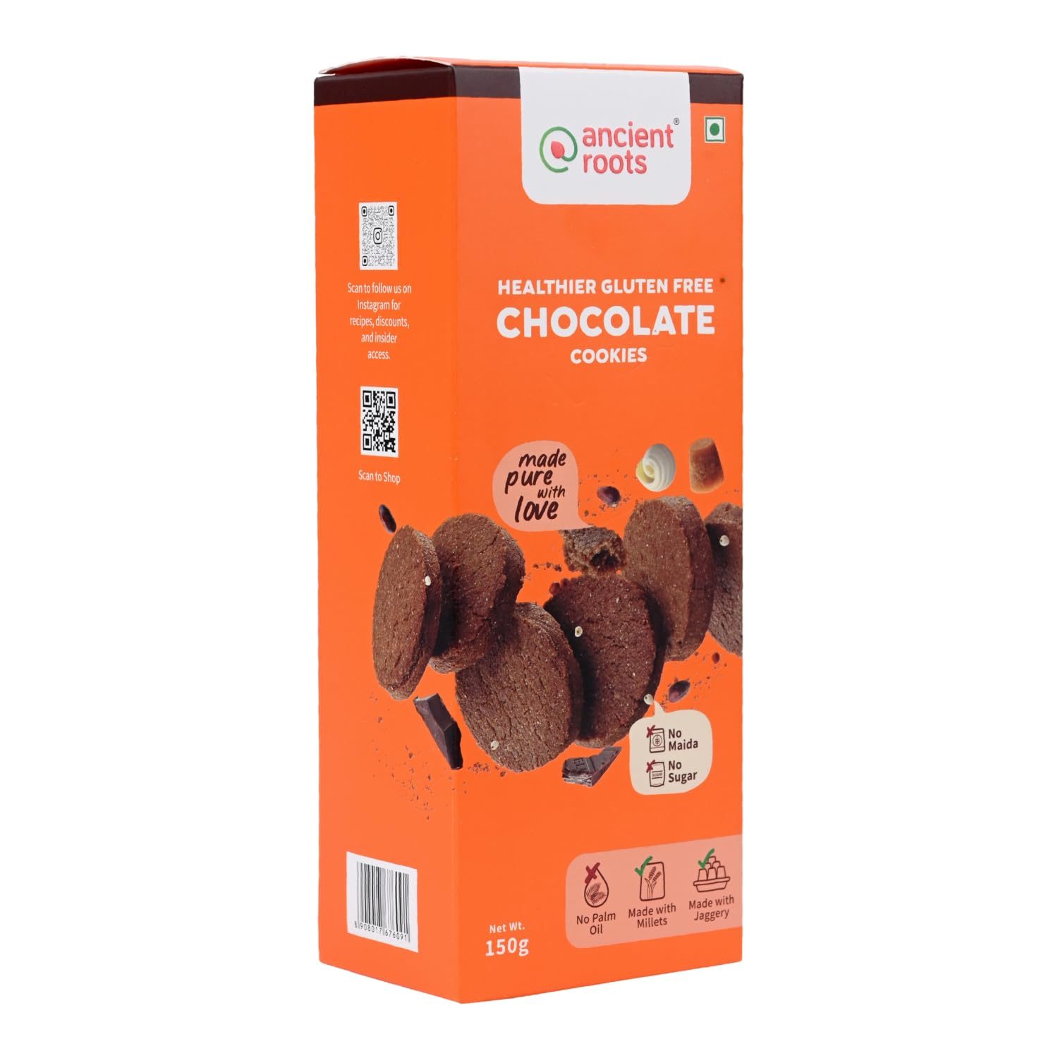 Ancient Roots Chocolate Cookies – 150g / Biscuits (16-18 Pcs) / for Healthy Delicious Snacks/Best Paired with Tea & Coffee/No Wheat, No Maida, No Sugar, No Palm Oil /100% Butter & Jaggery Cookies