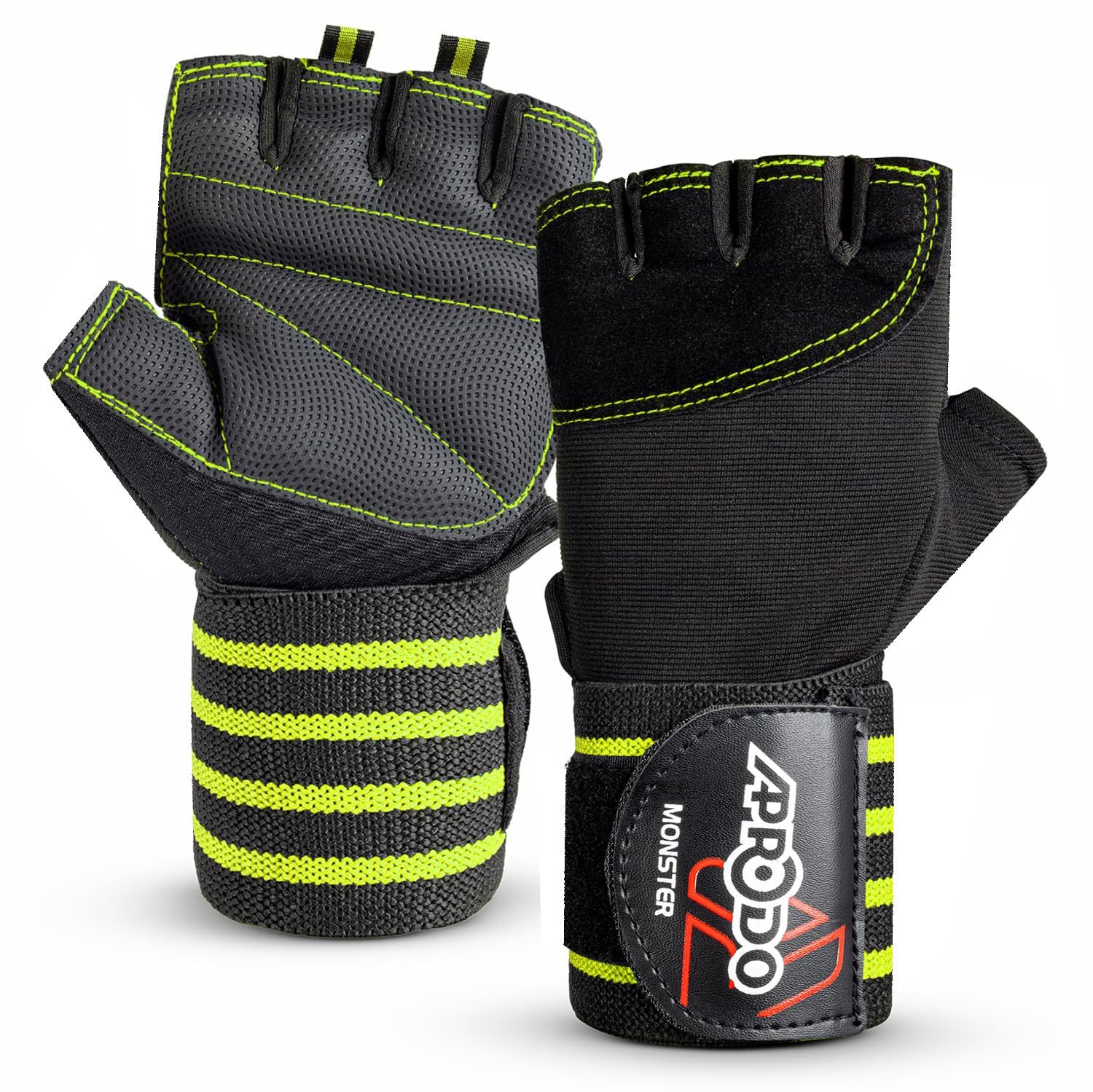 Aprodo Monster Weightlifting Fitness Gym Gloves for Palm and Wrist Protection, 3 Inch Wide Wrist Support, for Men and Women, Free Size (Black Green, Free Size)