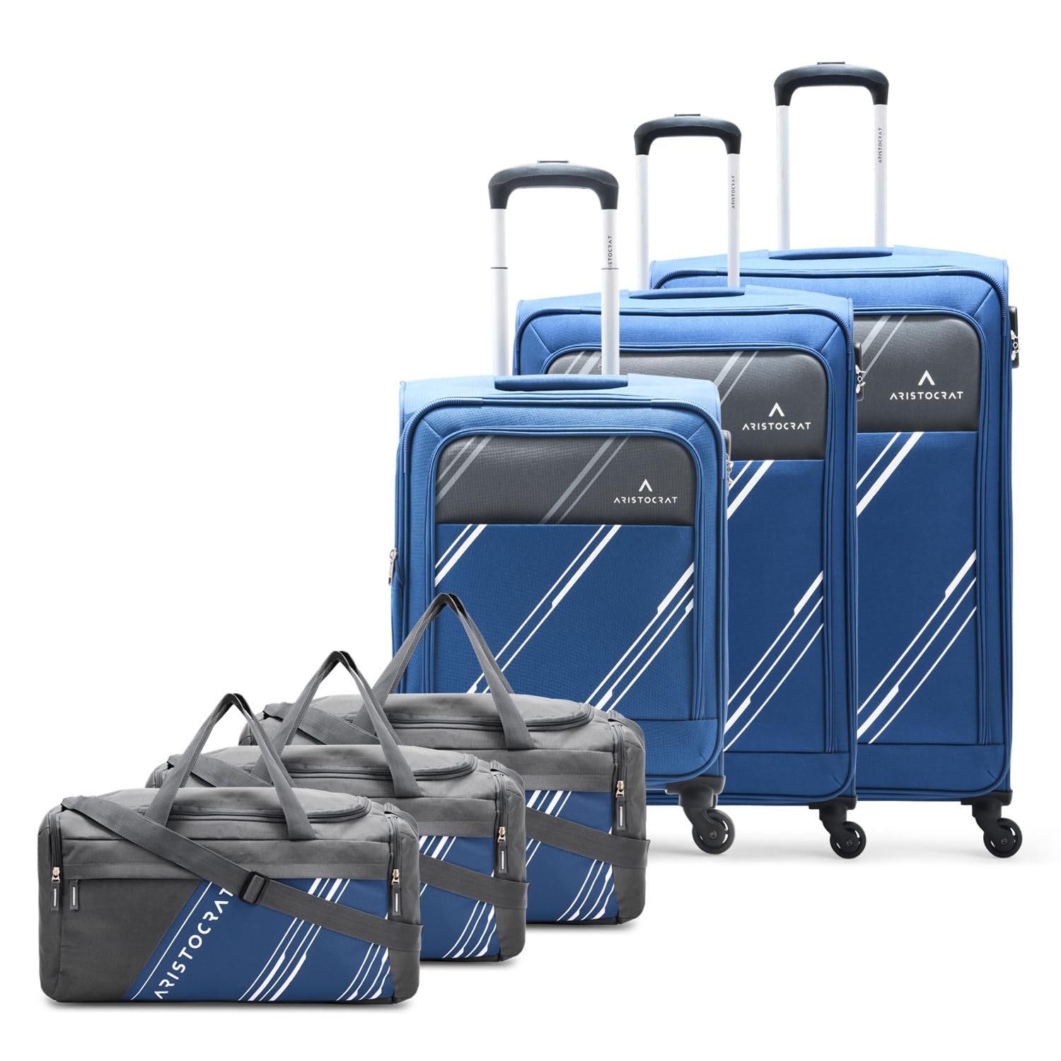 Aristocrat Trigon Hexa Luggage Set of 6-3 Trolley Bags (Cabin 55cm+69cm+79cm) & 3 Duffle Bags 52cm for Travel with 5 Years International Warranty (Navy Blue)