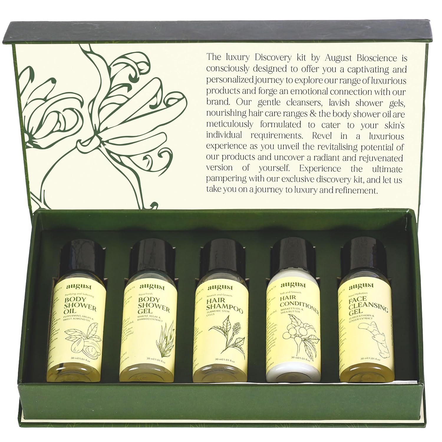 August Bioscience Body Wash & Care Grooming Kit for All Skins With Purifying Body Shower Gel, Turmeric Shampoo, Face Cleansing Gel, Hair Conditioner, Aqua Shower Gel|Gift Set for Men & Women-Pack of 5