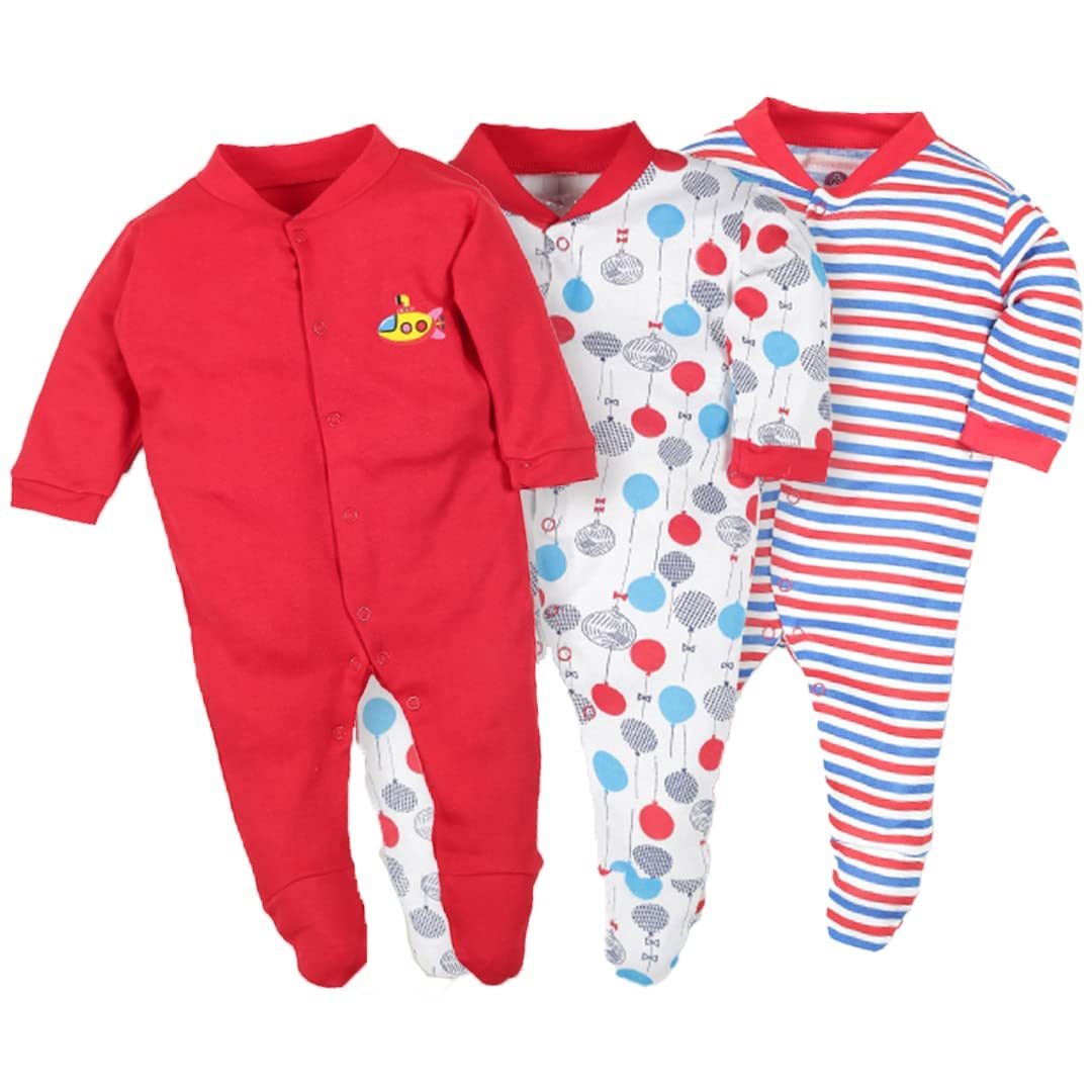 BABY STATION Cotton Front Open Long Sleeve Unisex Rompers/Sleepsuits/Jumpsuit/Night Suits for Baby Boys & Girls, Infants, New Borns (12-18 Months, Red, Set of 3)