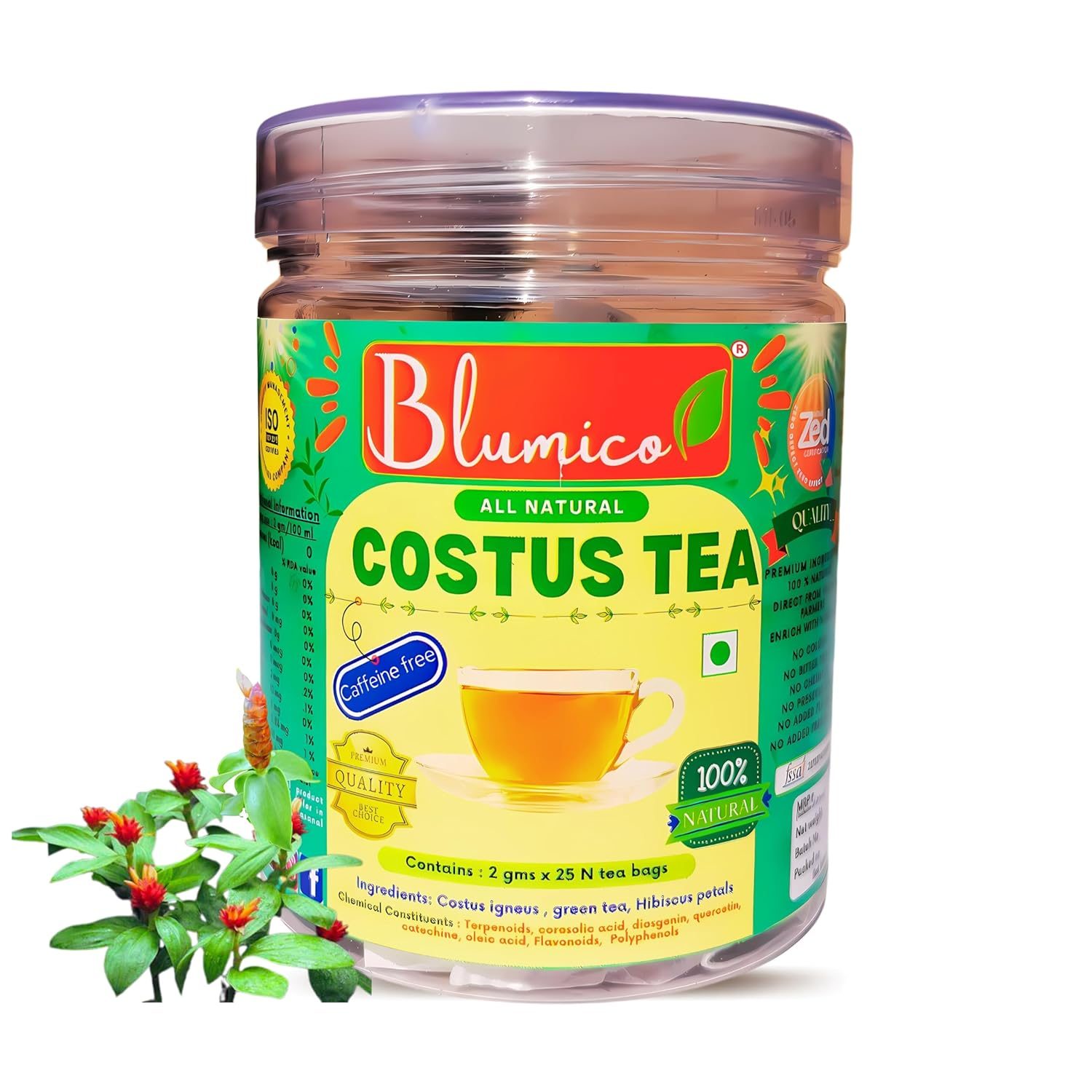 BLUMICO Costus Tea || Insulin tea bag – 25 || Quality Product by Scientists || Natural Costus Igneus Leaves || Brew Hot or Iced Beverages || 50 gms in premium PET Jar