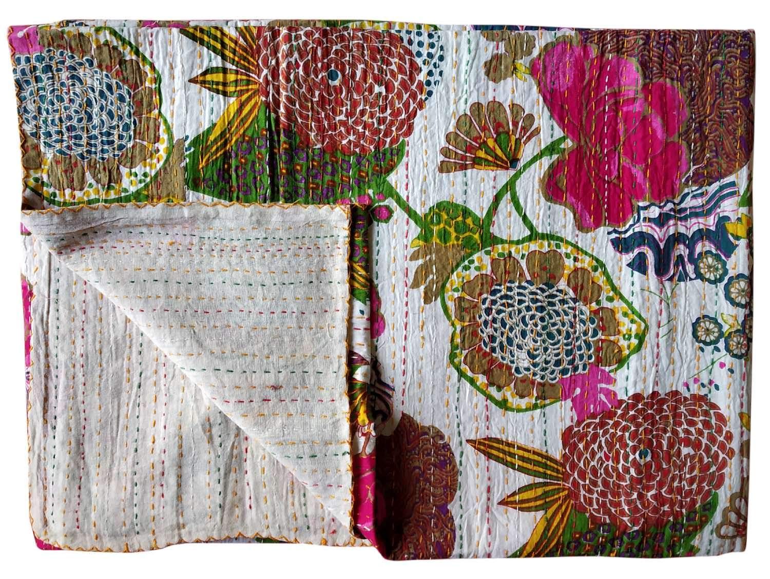 BOHEKANT Handicraft Cotton Jaipuri Handmade Kantha Bed Cover – Multicolor 03 (60 X 90 Inch, Twin Size)
