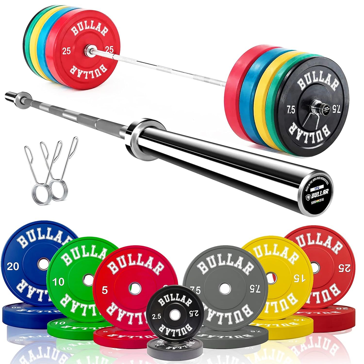 BULLAR Bumper Plates with Olympic Barbell (30 KG Set(10KGx2+5KGx2))