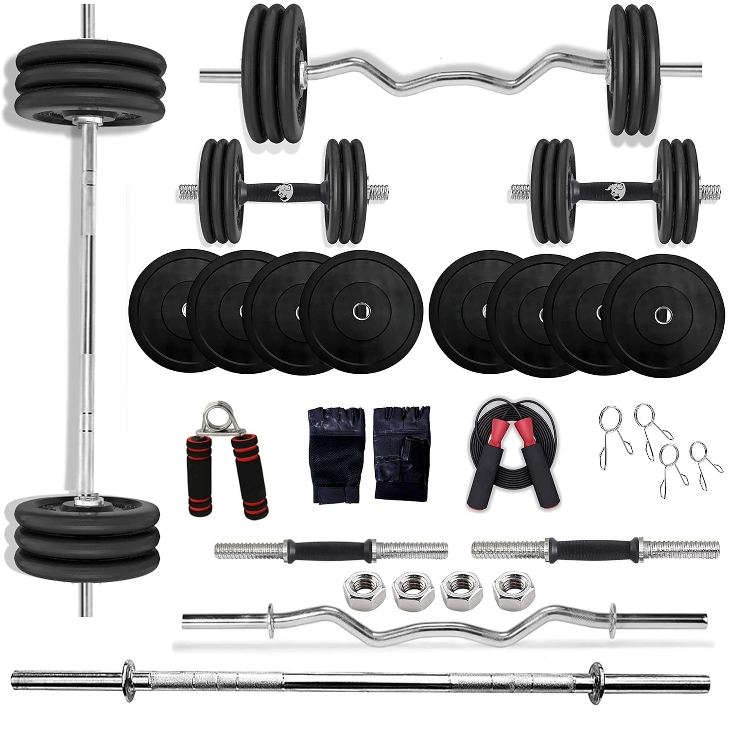 BULLAR Rubber Home Gym Set with 3Ft Curl 23mm 5Ft Straight Rod (23mm), Pair of Dumbbell Rods, rubber Weight Plates Combo, Gym Equipment for Workout Fitness Exercise Kit (15 kg Rubber Home Gym Set)