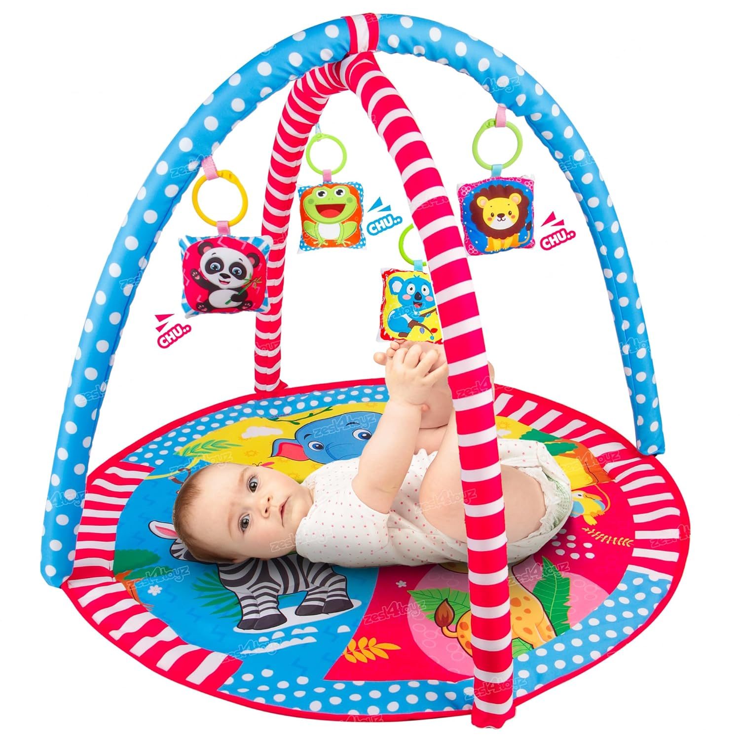 Baby Play Gym Mat with Hanging Toys, Tummy Time Activity Play Mat with 4 Detachable Toys – Animal Theme Crawling Gym for Visual,Auditory & Motor Development –Washable for 0-24 Month Infants to Toddler