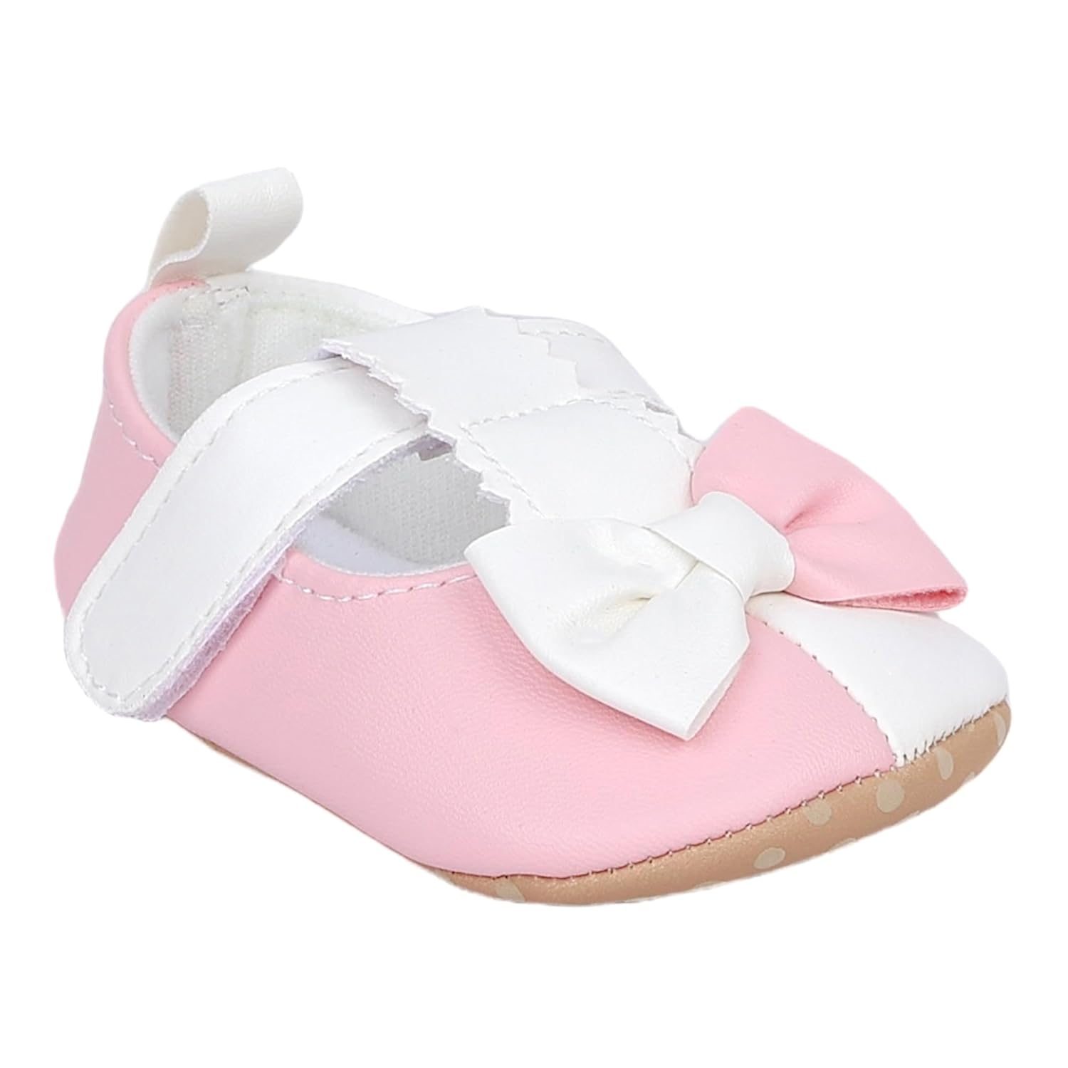 BabyMoo Booties for Baby Girls-Infants-Toddlers Colour Block Bow Velcro Tstrap Anti Skid Ballerina Booties Pink and White- Age 6-9 Months