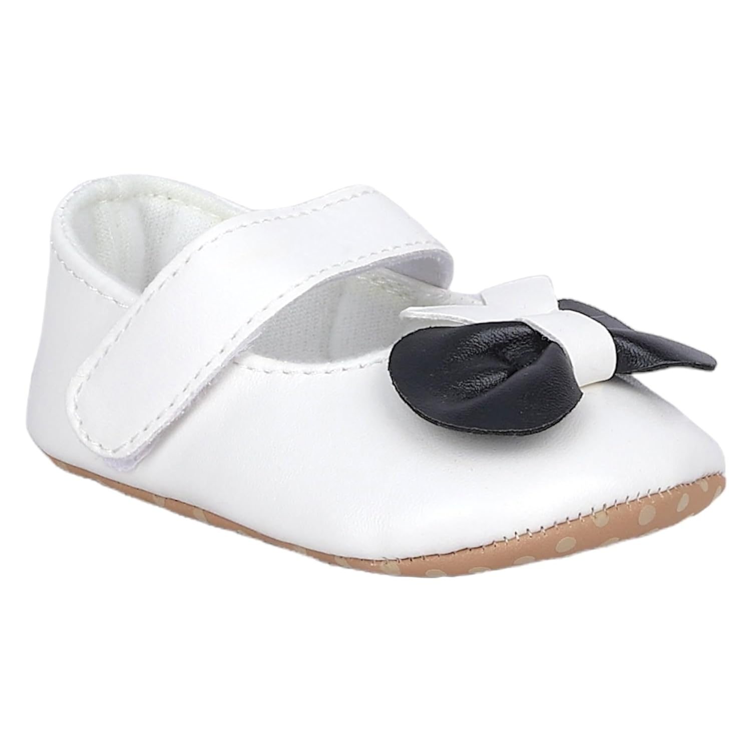 BabyMoo Booties for Baby Girls-Infants-Toddlers Vegan Leather Bow Strap Antiskid Ballerina Booties White- Age 9-15 Months