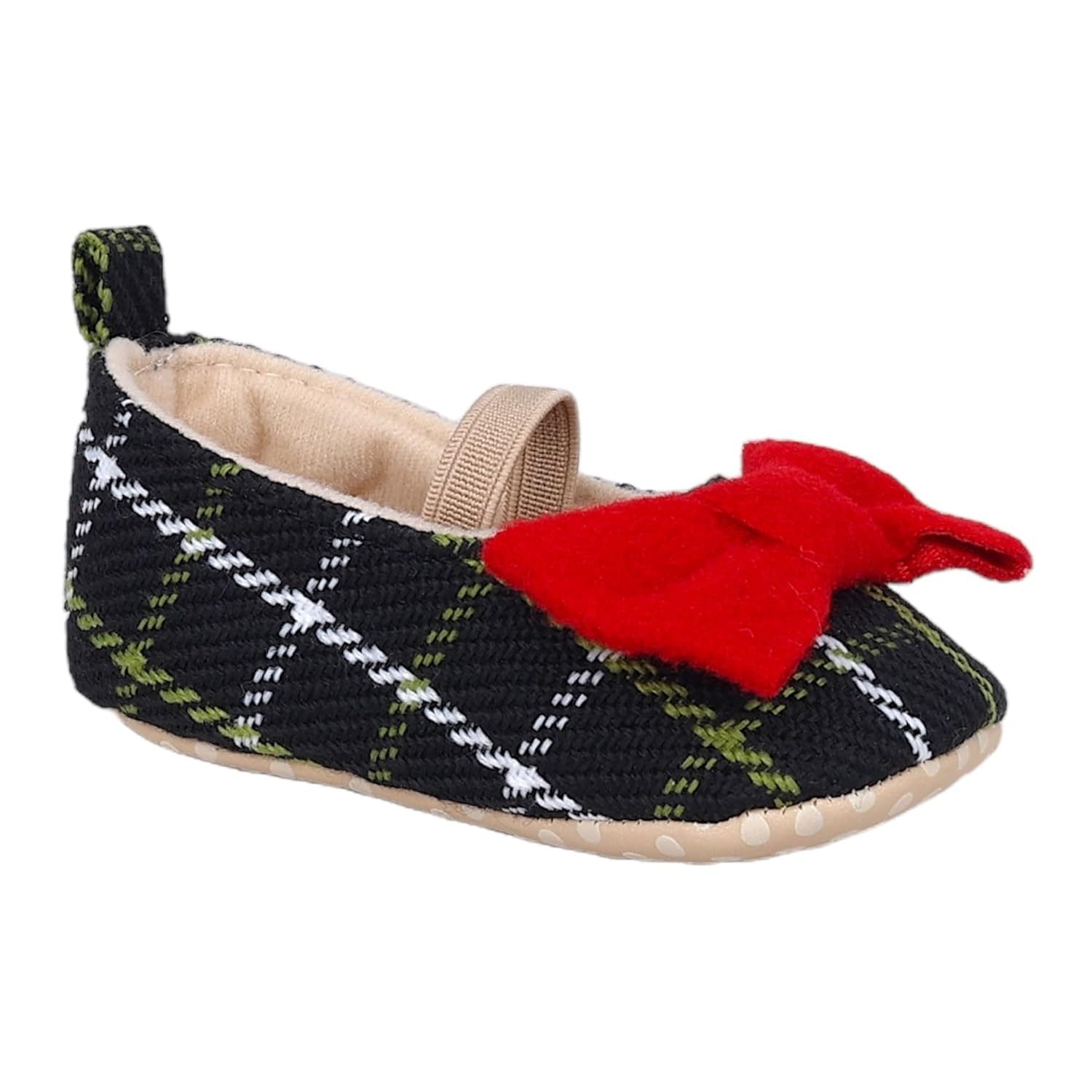 BabyMoo Bow with Elastic Strap Plaid Ballerina Booties Black Soft-Sole Shoes for Infants, Toddlers, and Little Girls-Age 0-6 Months