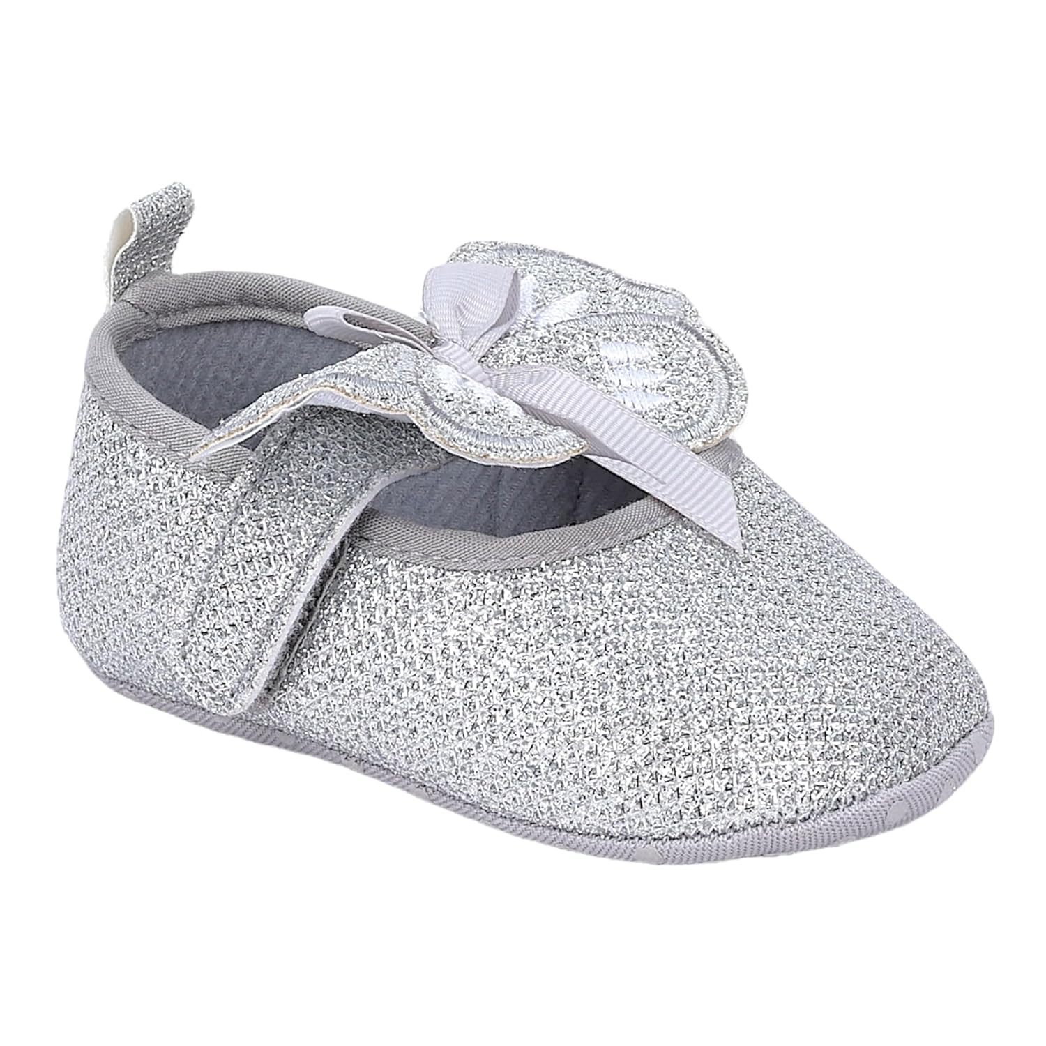 BabyMoo Butterfly Bow Shiny Party Antiskid Ballerina Booties Silver – Soft Sole, Comfortable Newborn and Infant Shoes, Age 6-9 Months, Ideal for Baby Girls