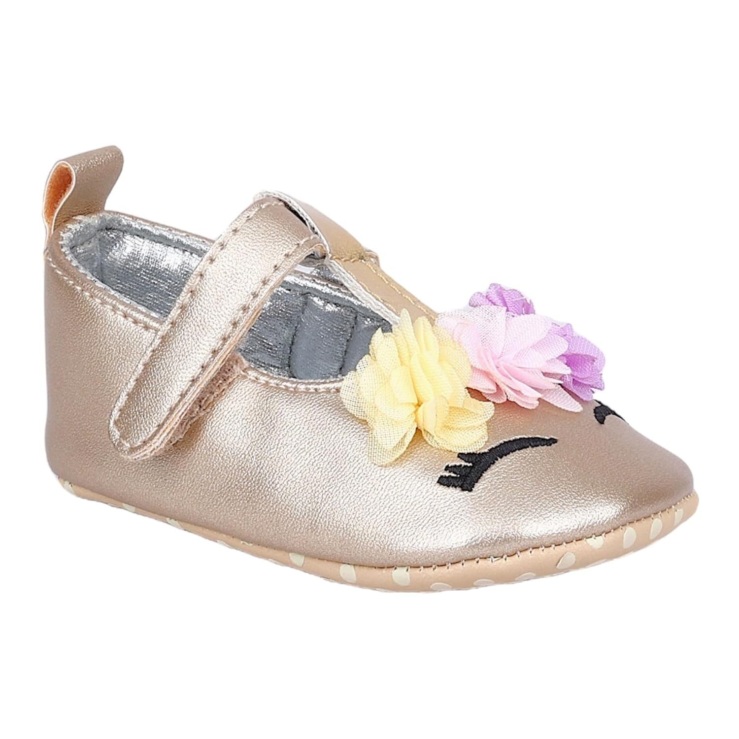 BabyMoo Cute Princess Metallic Tstrap Antiskid Ballerina Booties Gold Soft-Sole Shoes for Infants, Toddlers, and Little Girls-Age 0-6 Months