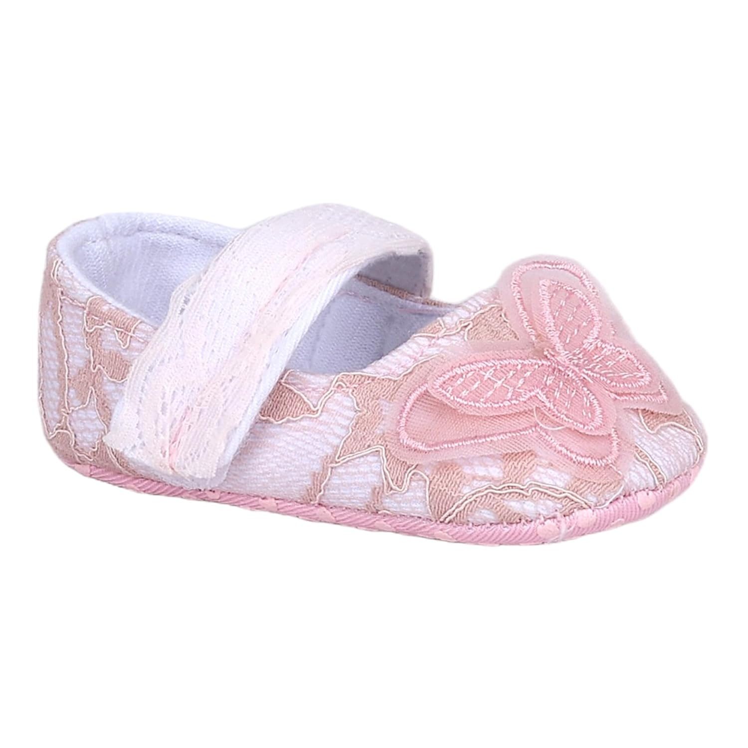 BabyMoo Embellished Butterfly Velcro Strap Lace Ballerina Booties Pink – Soft Sole, Comfortable Newborn and Infant Shoes, Age 6-9 Months, Ideal for Baby Girls