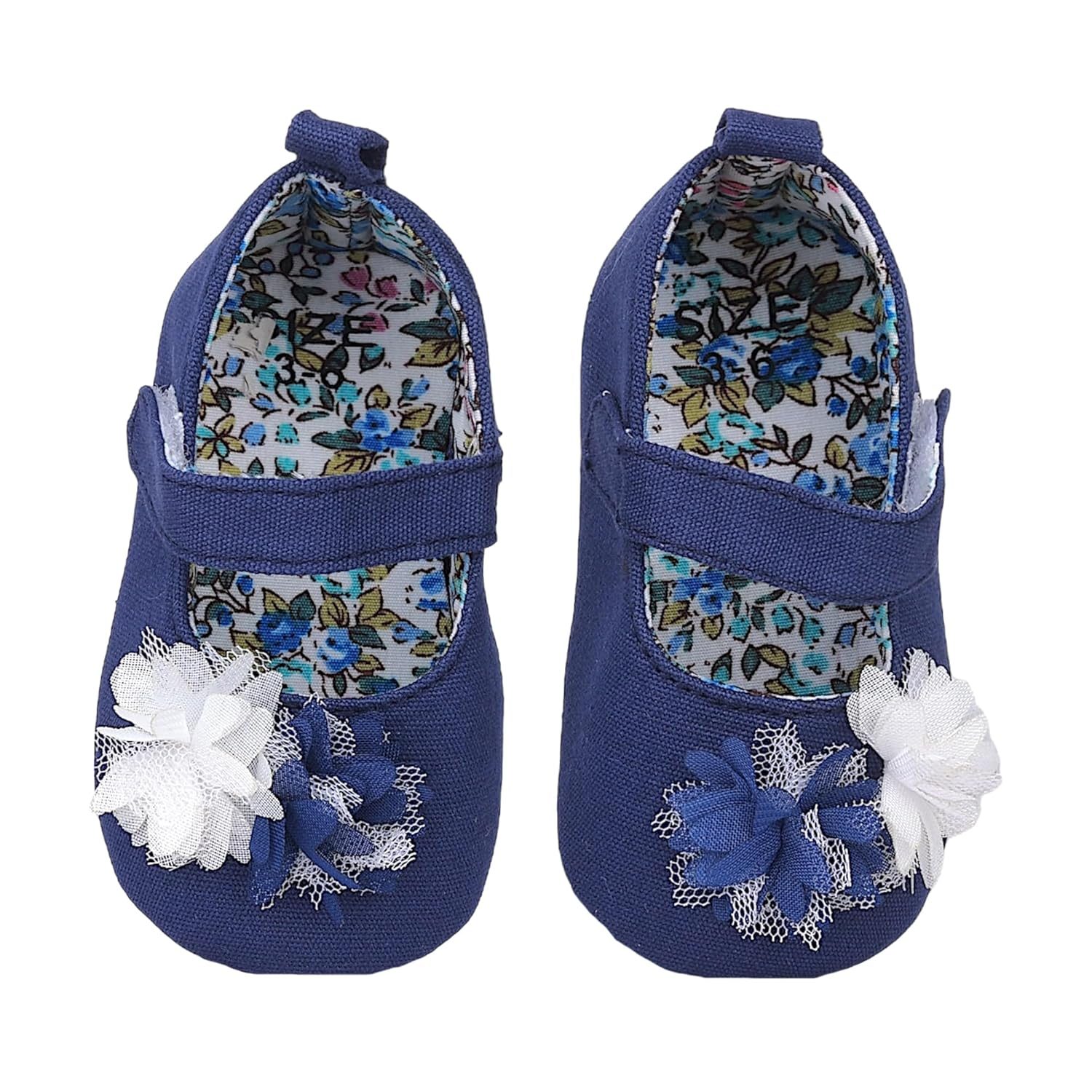 BabyMoo Embellished Flower Antiskid Ballerina Booties – Navy Blue, Soft Sole, Comfortable Newborn and Infant Shoes, Age0-6 Months, Ideal for Baby Girls