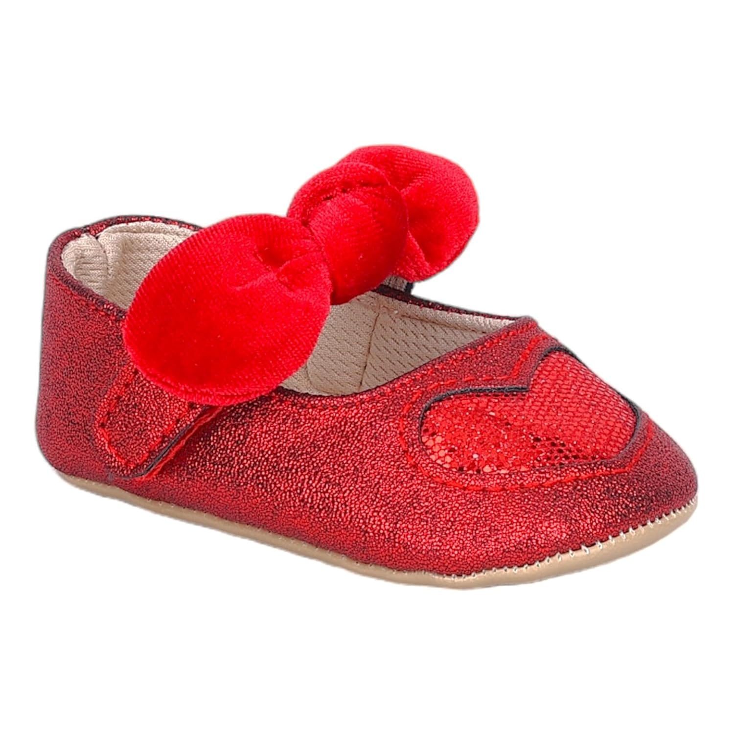 BabyMoo Sequin Heart Bow Velcro Strap Antiskid Ballerina Booties Red – Soft Sole, Comfortable Newborn and Infant Shoes, Age 6-9 Months, Ideal for Baby Girls