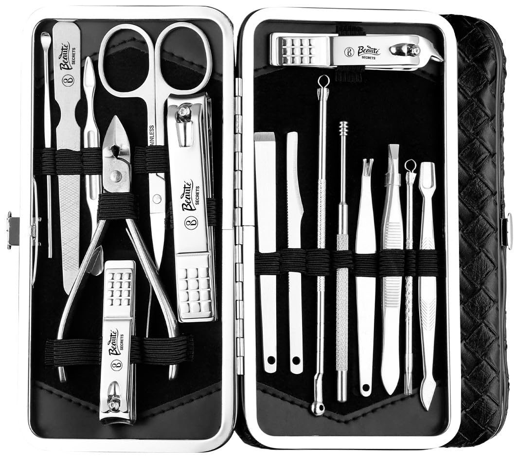 Beauté Secrets Essentials Manicure Set Nail Clippers Kit Manicure Pedicure Gift Set, 16Pcs Professional Stainless Steel Pedicure Care Tools Women Travel Grooming Kit with Case (Black)