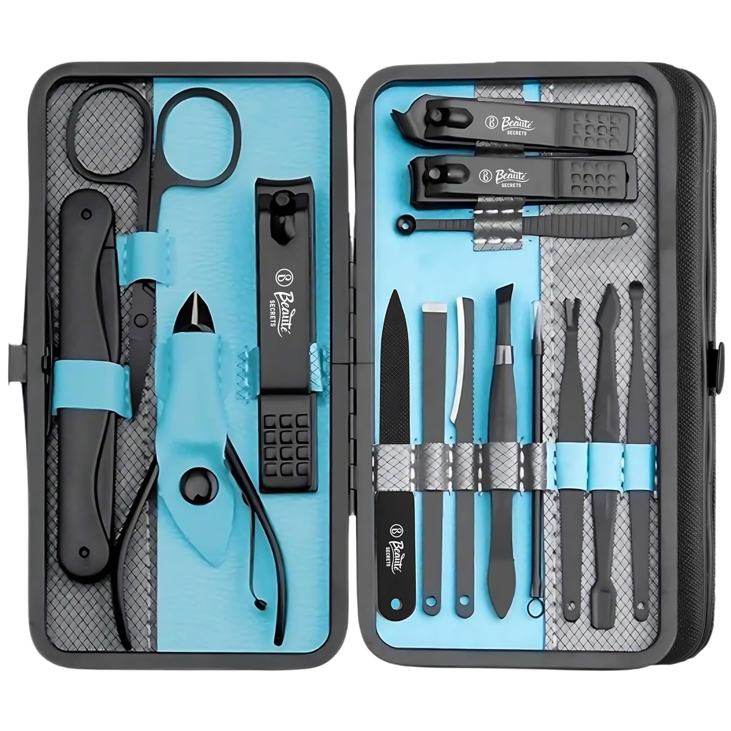 Beauté Secrets Professional Manicure Set 15 pcs,Stainless Steel Nail Clippers Scissors Cuticle Nipper Pedicure Tools Kit – Portable Travel Grooming Kit for Men and Women with Luxurious Case Blue (Blue)