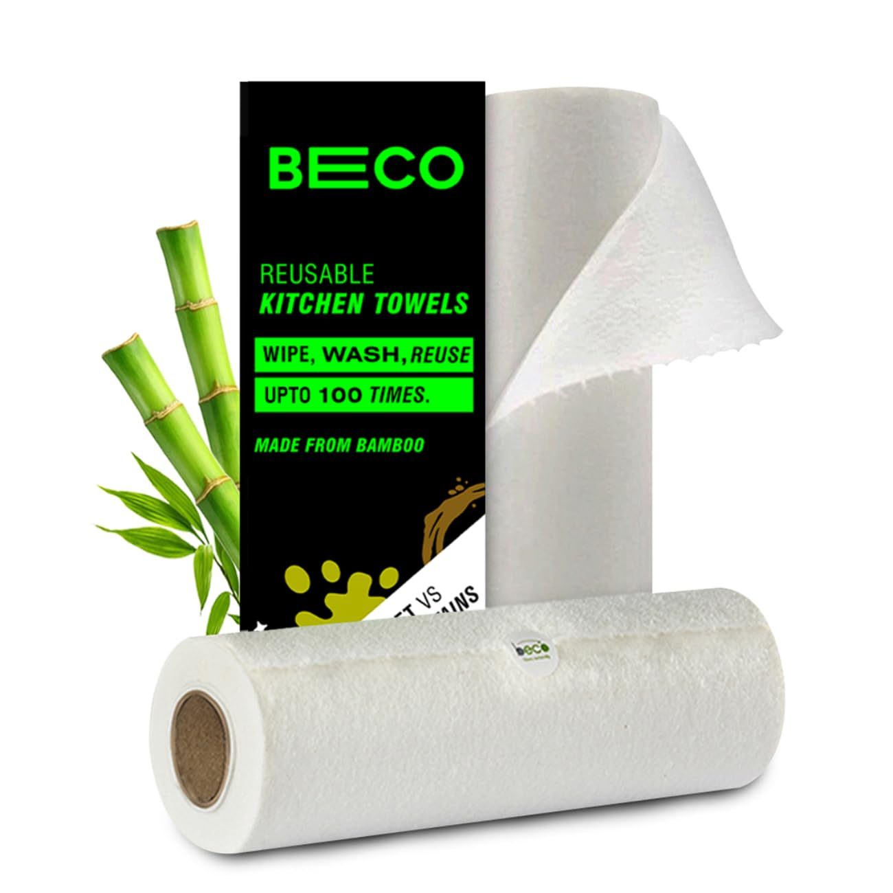 Beco Eco Friendly Reusable Kitchen Towel Roll (20 Sheets) | Natural & Organic Cleaning Bamboo Cloth | Kitchen Paper Rolls Alternative | Machine Washable | Unpaper Towels (Pack of 2 Roll)