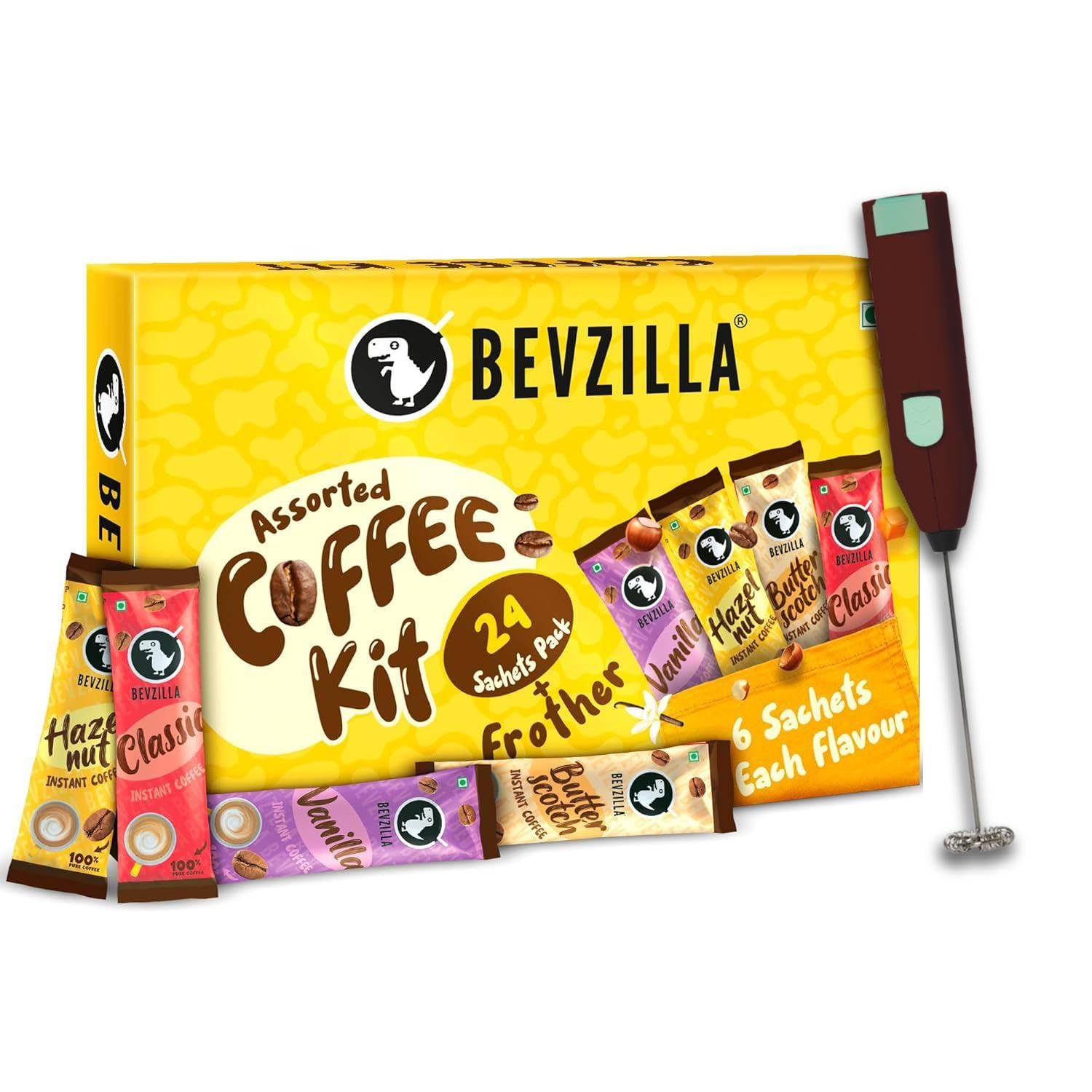 Bevzilla 24 Coffee Sachets & Frother (24 X 2 Gram Sachets) | 6 Pouches Each Flavour | Café coffee Kit |Hazelnut, Colombian Gold, Vanilla & Butterscotch | 100% Arabica Beans|Enjoy Hot & Cold