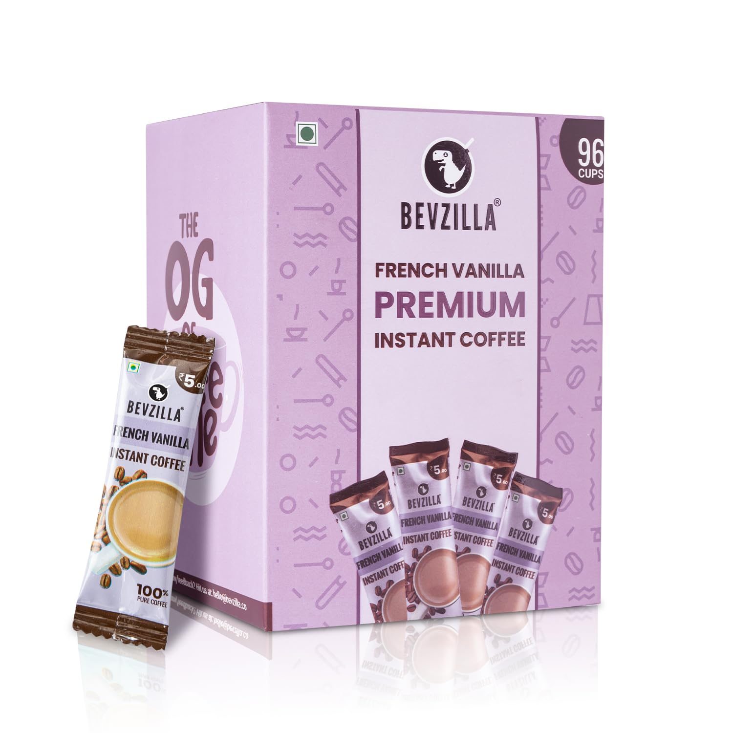 Bevzilla 96 Instant Coffee Powder Sachets (French Vanilla) – 192 Grams | 100% Arabica Coffee|Easy To Carry| Best For Espresso, Latte, Cappuccino |Enjoy Hot & Cold